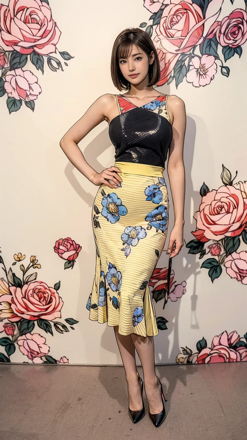 ((masterpiece)),(((Highest quality))),Thin thighs,Long legs,whole body:1.5，(One Girl:1.3),(Black high heels：1.3),(Wearing a floral striped mid-long flared skirt dress:1.2),Short blonde hair:1.2、Model pose with legs spread wide:1.5