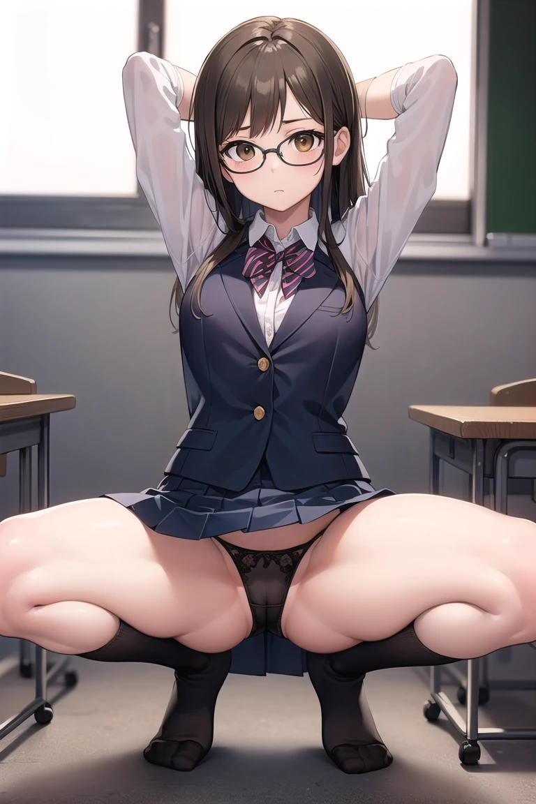 Black Hair, (Brown eyes:1.5), hair ショートカット
break blazer, Blue Skirt, Pleated skirt, ,
break looking at viewer,
break indoors, classroom,
break (masterpiece:1.2), Highest quality, High resolution, unity 8k wallpaper, (figure:0.8), (Beautiful attention to detail:1.6), Highly detailed face, Perfect lighting, Highly detailed CG, (Perfect hands, Perfect Anatomy),((squatting))、((spread legs))、((full back panties))、arms behind head、bare breasts、shirt lift、Upper body naked、Nipples、tits、Black-rimmed glasses、(((over-the-knee socks)))
