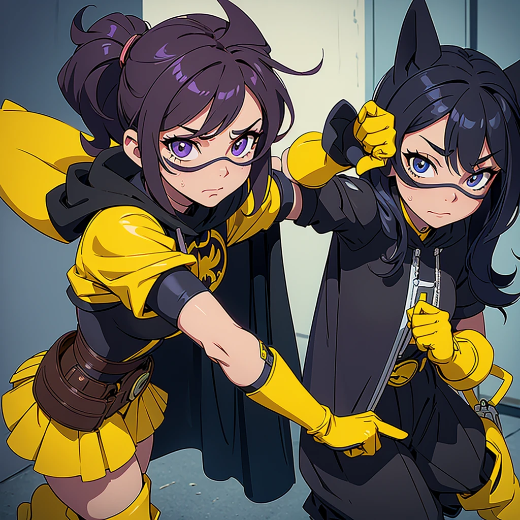I want you to create a fanart of the superhero character Batgirl.  She wears Mask: Black, covering the upper part of her face and head leaving her hair loose below the mask.  She wears Cape: Shorter, black with yellow lining.  her outfit is purple, with a yellow bat on her chest. Utility Belt: Yellow, with a more casual and modern design. Gloves and Boots: Yellow gloves and yellow boots that resemble combat boots.  I want it to be in Disney animation style in 2D