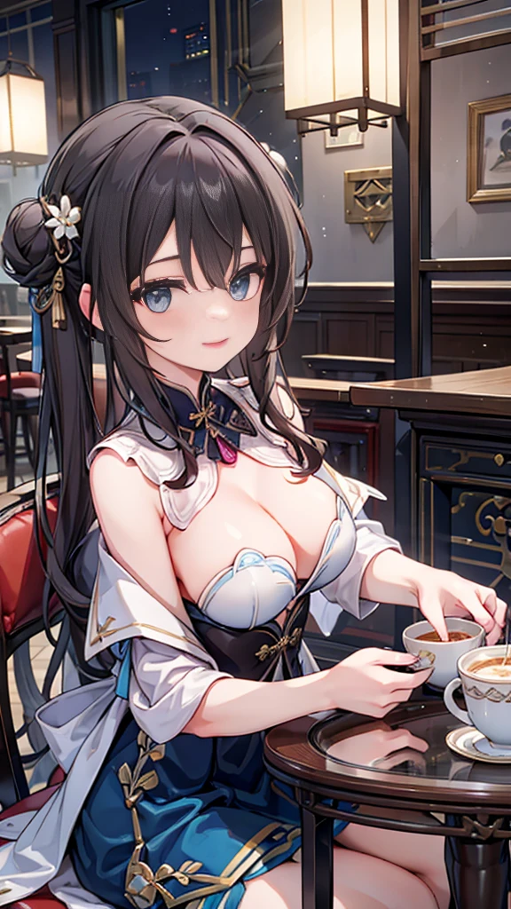 Masterpiece, high quality, 4K, best quality, Paris France city background, Ruan Mei had light brown hair, casually tied into a bun with a few safety pins and ribbons. Her clothes are dominated by blue and white, her dress is made in the traditional Luofu Xianzhou style , sitting on a cafe chair, and on the table there is a foamy drink,Become a,Large Breasts,Lipstick,Smile