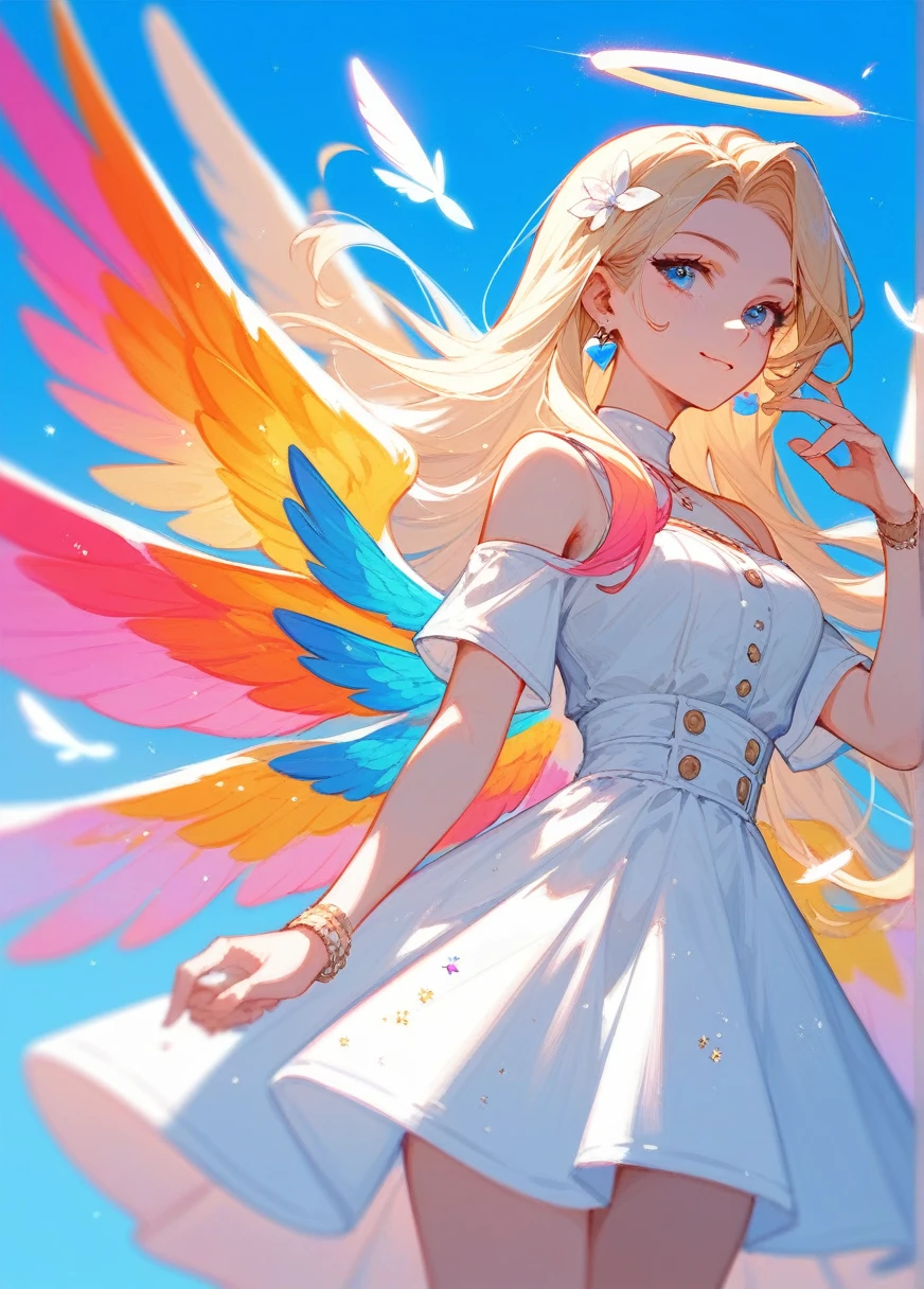 (Fraction_9,Fraction_8_Direction_7_up),1 Woman,Girl Angel,blond,Blue Eyes,wing,Colorful wings,White Skirt,beautiful_Face,
