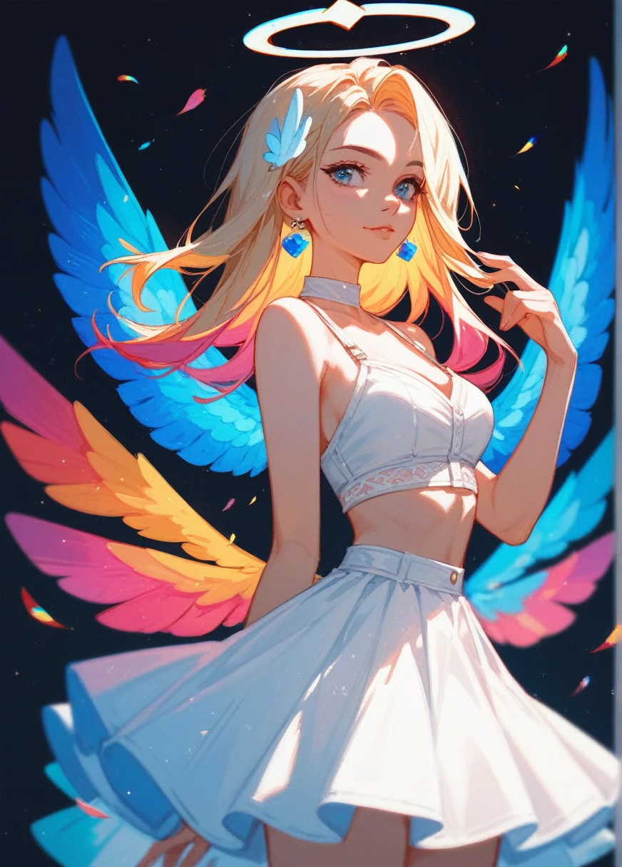 (Fraction_9,Fraction_8_Direction_7_up),1 Woman,Girl Angel,blond,Blue Eyes,wing,Colorful wings,White Skirt,beautiful_Face,