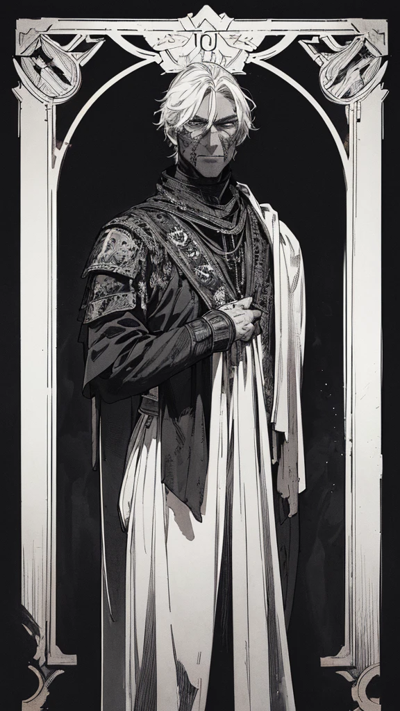 Best quality, (background_detail), high_contrast, detail_original_illustration, warrior, muscular, villain's face, armored, full_body, medieval, deep_wrinkles_brows, young_man, man_in_20s, dark_stitch_landscape, (dramatic_lighting: 1. 25), (shaded_background: 1.2), (black_short_hair: 1 .1 ), Large figure, Delicate face, Evil smile, Sharp eyes, Black background, (Black background:1.5) Beautiful line drawing, Black and white