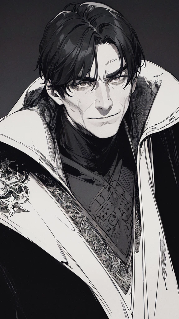 Best quality, (background_detail), high_contrast, detail_original_illustration, warrior, muscular, villain's face, armored, full_body, medieval, deep_wrinkles_brows, young_man, man_in_20s, dark_stitch_landscape, (dramatic_lighting: 1. 25), (shaded_background: 1.2), (black_short_hair: 1 .1 ), Large figure, Delicate face, Evil smile, Sharp eyes, Black background, (Black background:1.5) Beautiful line drawing, Black and white