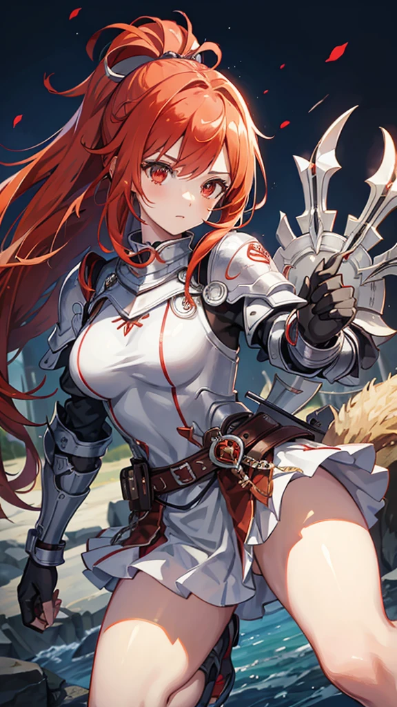 Cute girl, red hair tied, red eyes, silver knight armor, brown paws, short blue skirt