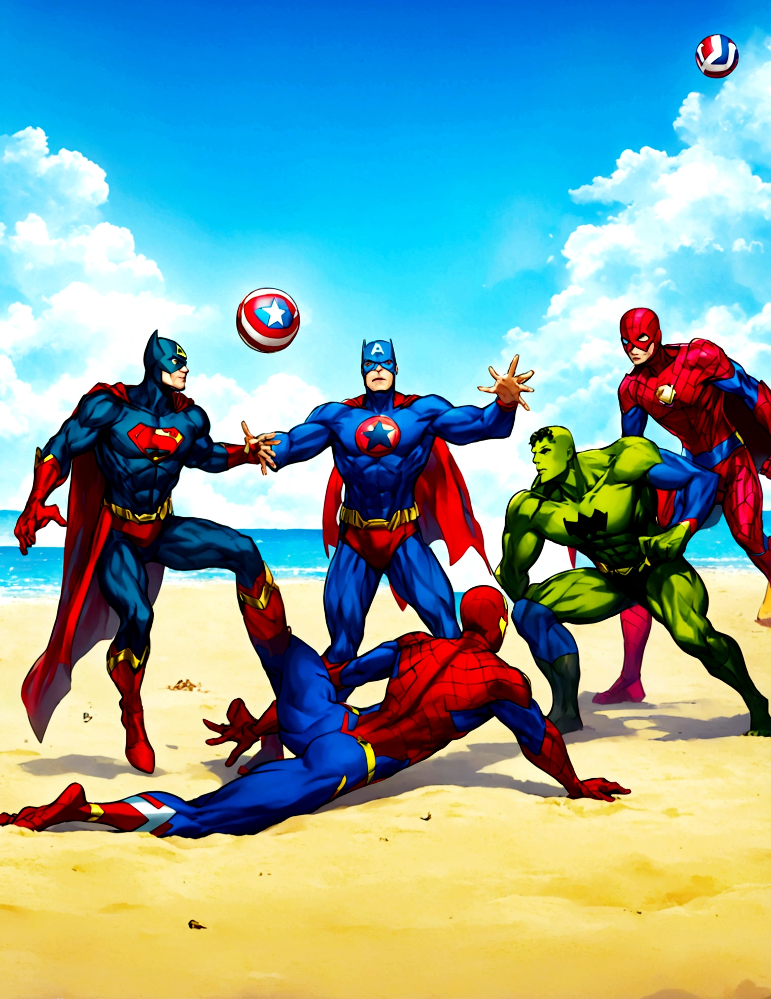 Superheroes are playing volleyball on the beach, DC's Justice League vs Marvel's Avengers, 5 players per team, relaxing super costumes