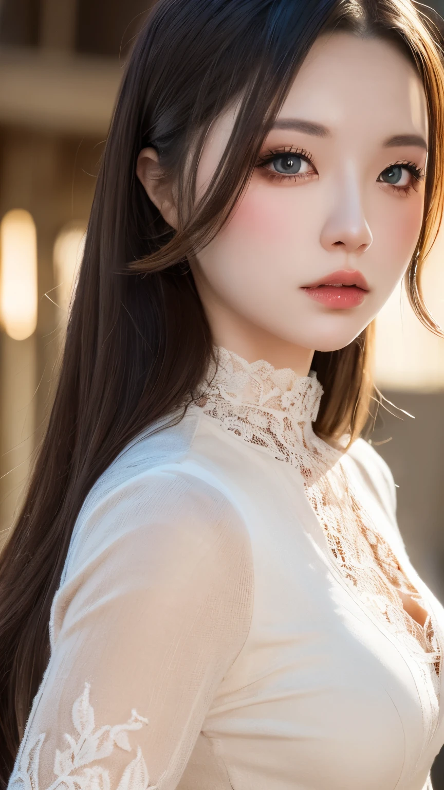 Female Adventurer, whole body, Game Art Style, (masterpiece),  Highest quality, High resolution, 4K, 8K, Detail View, Intricate details, Cinema Lighting, Great quality, 1 Girl、Elegant red and white lace style dress、A red and white line dress made of intricate and artistic lace、Pretty dress、Super Luxury Dresses、Beautiful black hair, Great Shade, Soft lighting, To the camera, Perfect Eyes