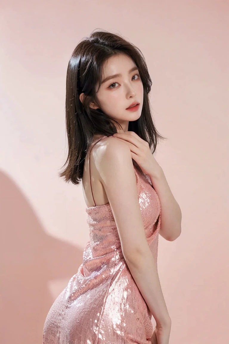 21yo girl, pink background, beautiful dress