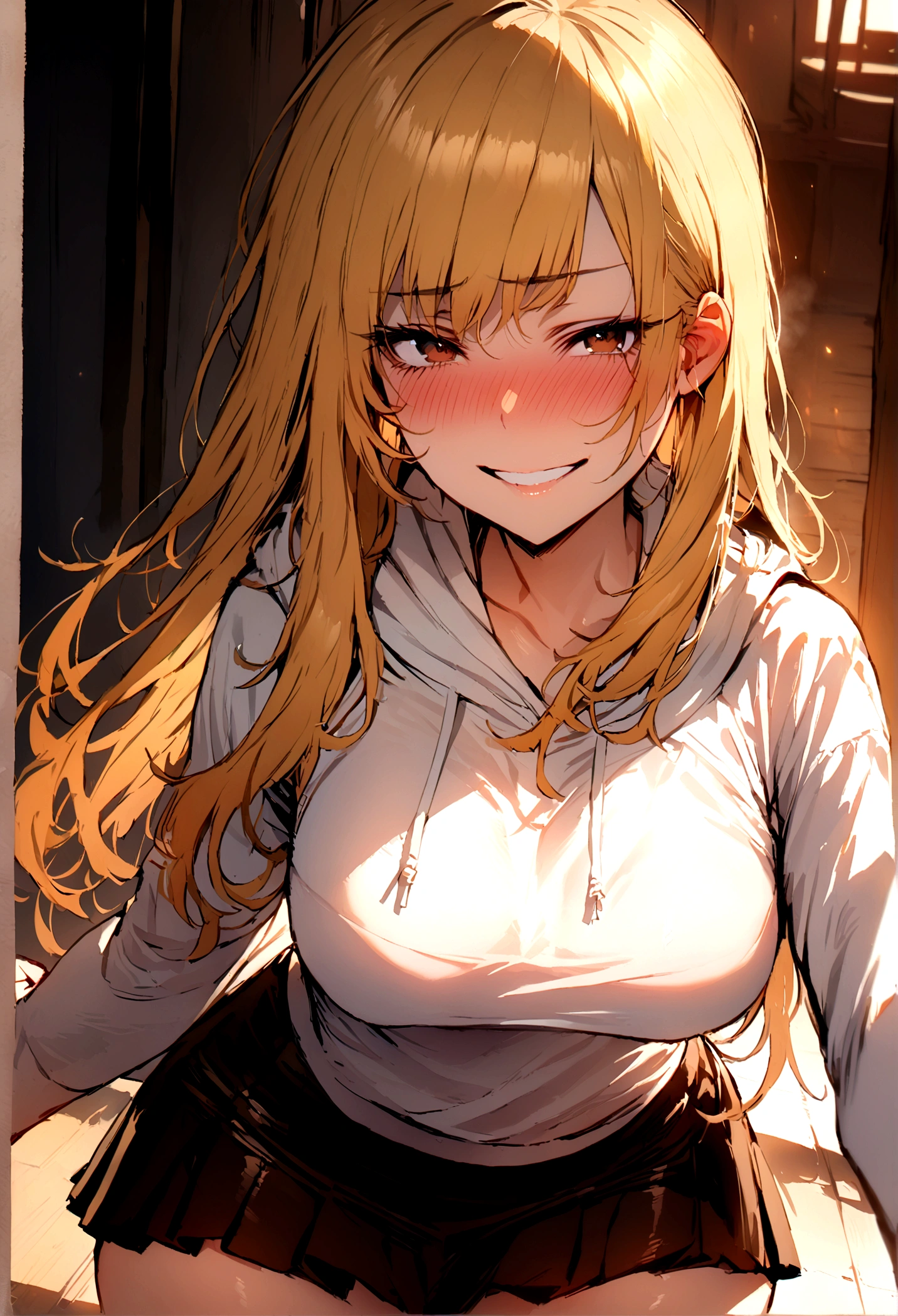 masterpiece, best quality 1girl, solo, beautiful woman, blond hair,  long hair,  dark brown eyes, deep blush, grin, medium breasts, white hoodie, short black skirt, plated skirt, looking at viewer

