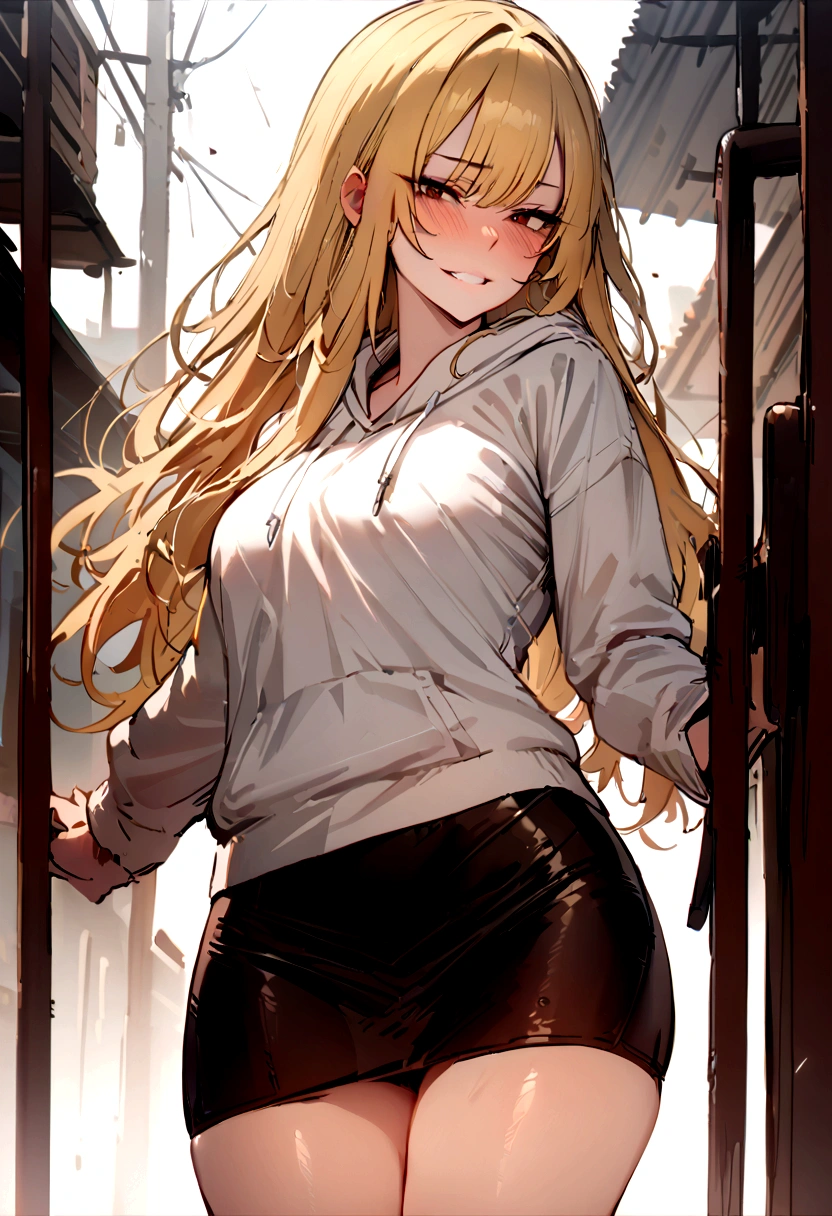masterpiece, best quality 1girl, solo, beautiful woman, blond hair, long hair, dark brown eyes, deep blush, grin, medium breasts, white hoodie, short black skirt, plated skirt, looking at viewer