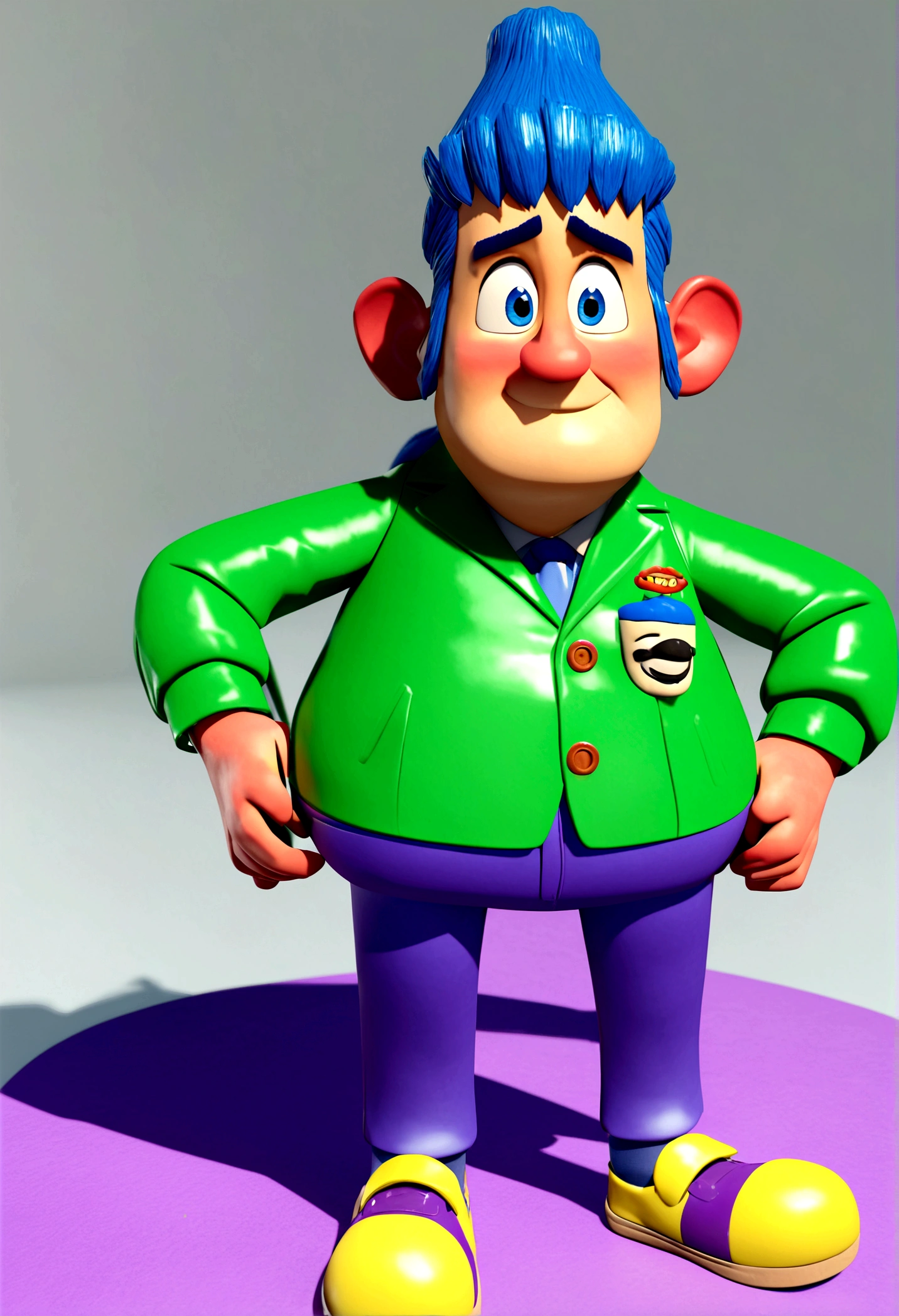 Male character of pity emotion with blue hair green clothes blue pants violet socks And finally purple sneakers medium quality 3D format Disney Pixar style