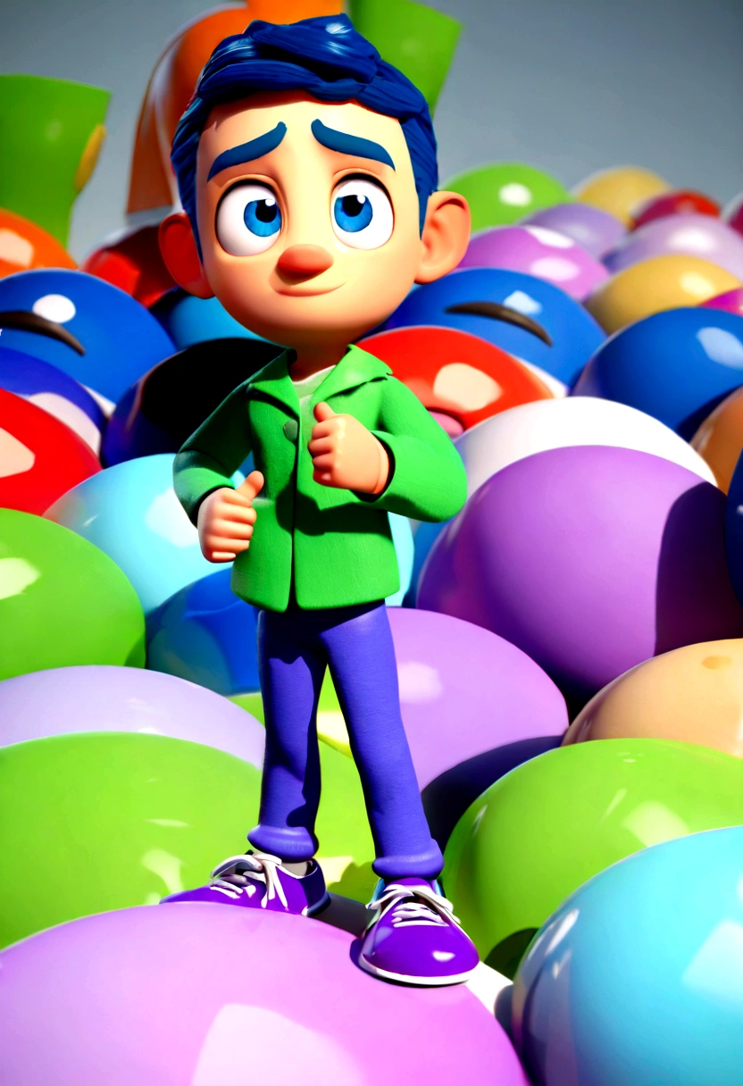 Male character of pity emotion with blue hair green clothes blue pants violet socks And finally purple sneakers medium quality 3D format Disney Pixar style