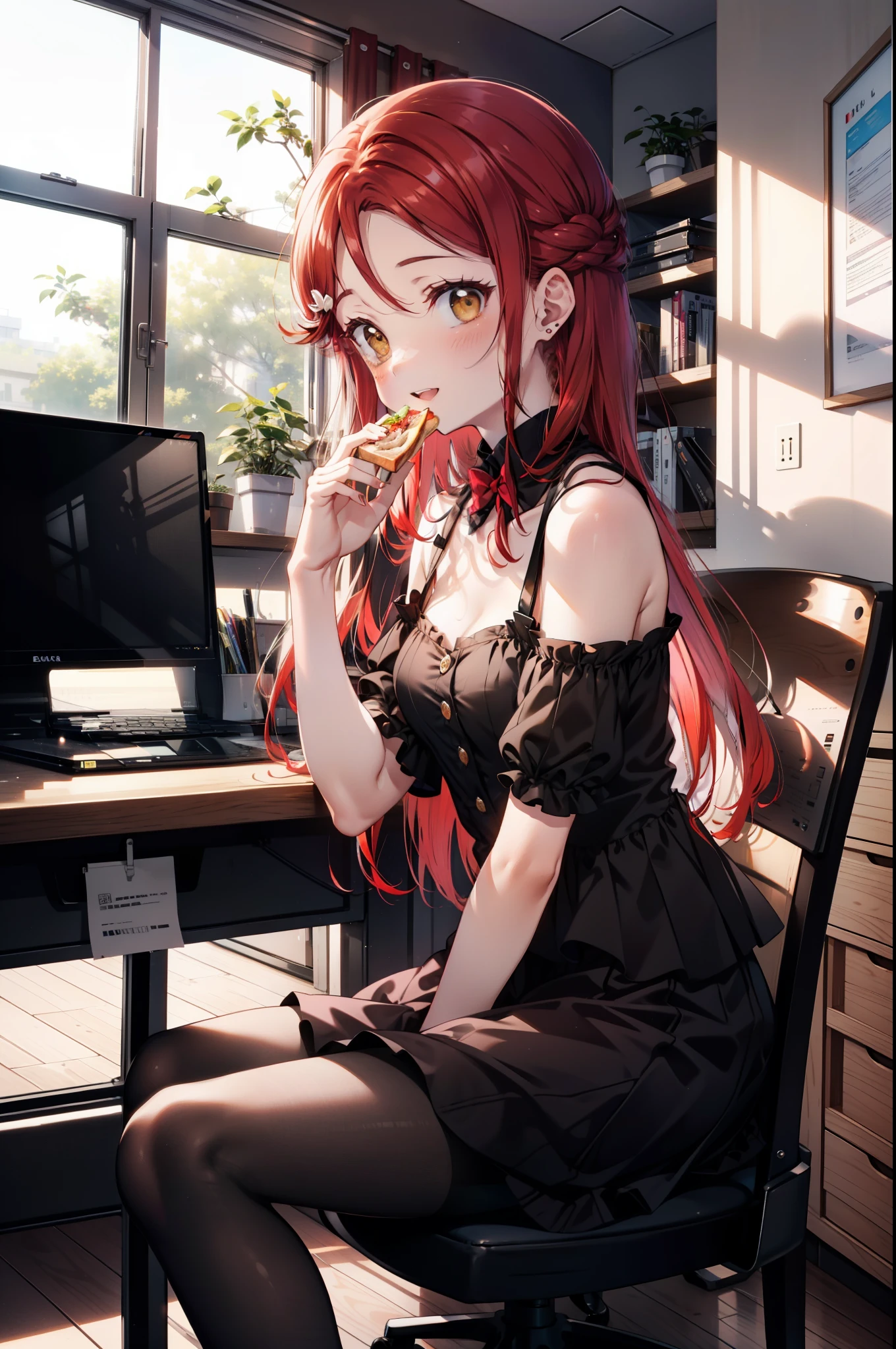rikosakurauchi, Riko Sakurauchi, (Brown eyes:1.5), Hair between the eyes, Long Hair, (Redhead:1.5), (Small breasts:1.2), smile,blush,Open your mouth,Cold Shoulder Shirt,Short sleeve,Long skirt,Black pantyhose,Stiletto heels,Sitting in a chair,is holding a sandwich with both hands and eating it,There is a computer and a sandwich on the table.,interior,So that the whole body goes into the illustration,
break looking at viewer, 全身
break outdoors, office,
break (masterpiece:1.2), Highest quality, High resolution, unity 8k wallpaper, (figure:0.8), (Beautiful attention to detail:1.6), Highly detailed face, Perfect lighting, Highly detailed CG, (Perfect hands, Perfect ???????),