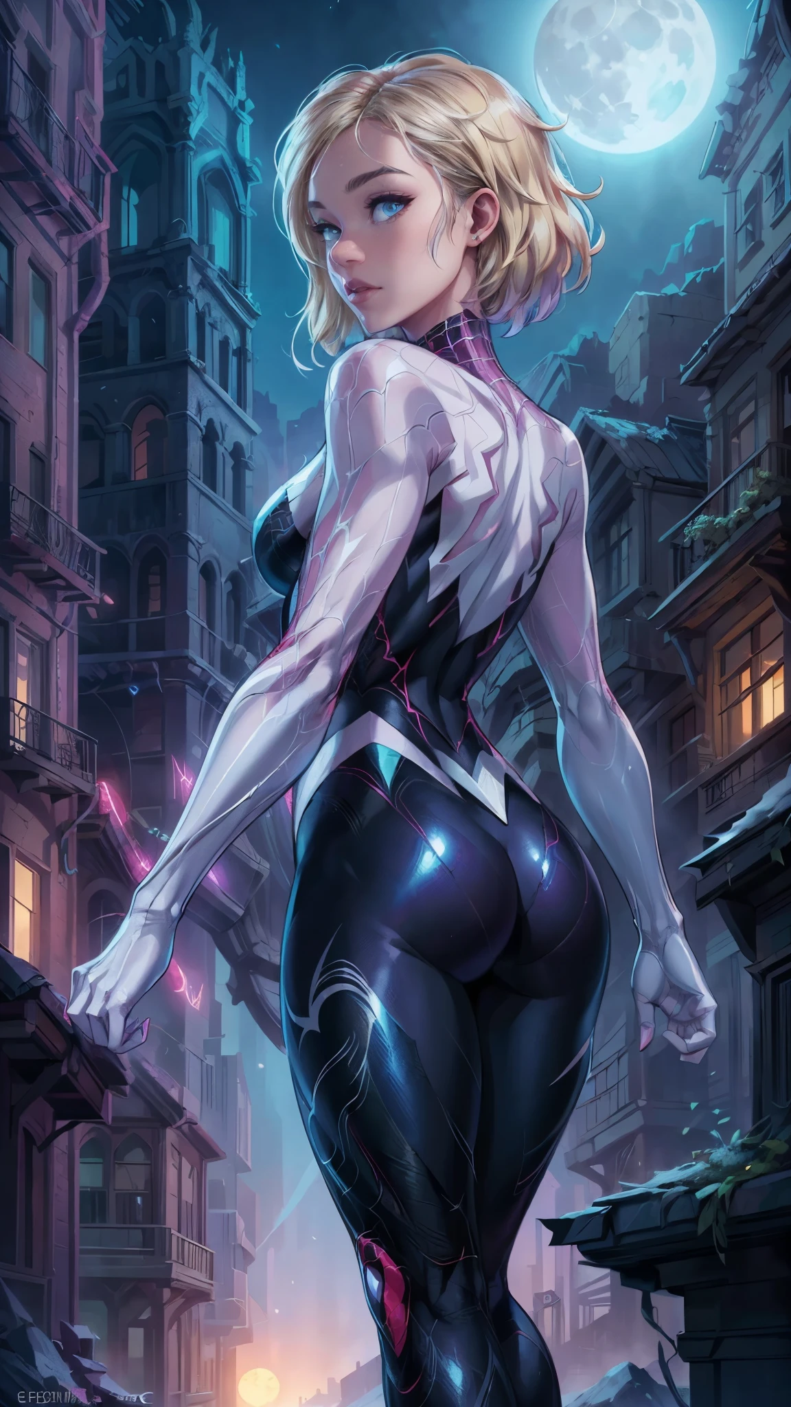 (back view, back view),(La Best Quality,A high resolution,ultra detailed,actual),Spider-gwen standing in a city at night, araña-gwen, araña - gwen, (spider gwen:1.4) , (Gwen Stacy:1.4) ,,(Ruined dungeon ruins background:1.4 ), in the Artgerm Style, Artgerm Style, Artgerm Style, graphic artist artgerm, Betty Cooper, comic germ, en Artgerm Style, as seen on artgerm, Estilo de epic fantasy art HD, 4K fantasy art, epic fantasy digital art style, epic fantasy art style, fantasy woman, epic fantasy art portrait, epic fantasy style, hyperrealistic fantasy art, fantasy art in high definition, Epic fantasy character art.., epic fantasy art, in dark fantasy art style, epic fantasy digital art, (perfect anatomy :1.4),( cinematic lighting :1.4), (the uniform lasts white), 8K more detailed.unreal engine:1.4,UHD,La Best Quality:1.4, photorealistic:1.4, skin texture:1.4, Masterpiece:1.8,first job, Best Quality,object object], (detailed facial features:1.3),(beautiful blue eyes),  (cowboy pose), (face detailed Gwen Stacy :1.4),( Gwen Stacy :V2.1), (Five fingers, four fingers and thumb),(she has a beautiful beautiful ass ), (shiny white tights/shackles:1.4),(bright colors),( big bright moon background :1.4) (perfect anatomy detailed :V2.1), (perfect human fingers :1.4), (face detailed :1.4), (fondo telaraña white trasparente grande :1.4), (UHD, realistic 32k) 