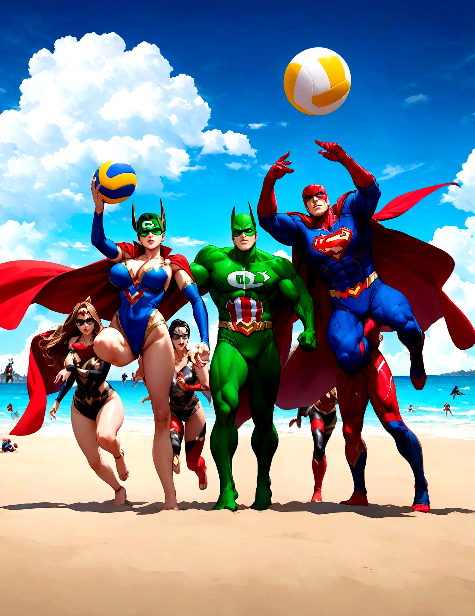 Superheroes are playing volleyball on the beach, DC's Justice League vs Marvel's Avengers, 5 players per team, relaxing super costumes
