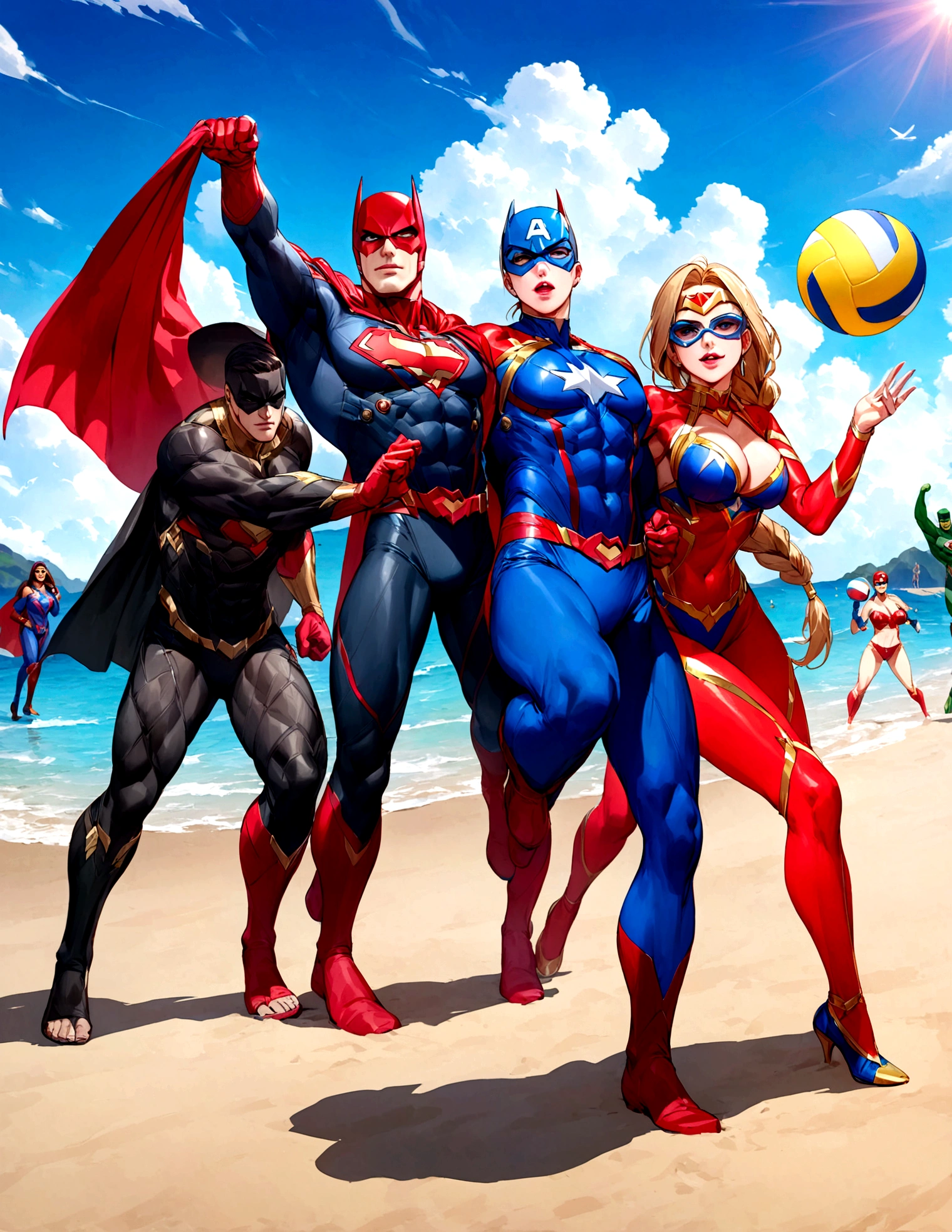 Superheroes are playing volleyball on the beach, DC's Justice League vs Marvel's Avengers, 5 players per team, relaxing super costumes

