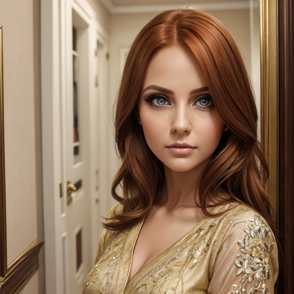 photorealistic, realistic, best quality, highest quality, masterpiece, award winning, extremely detailed, highly detailed, inside house
ukranian woman, lady, cute, pretty, attractive, beautiful,
glamorous, sophisticated, 
ginger hair, big eyes, fair skin, cool hair, flat belly, toned stomach, thin build,
detailed face, detailed hands and fingers, 
wearing makeup, eyeshadow, eyeliner, wearing casual outfit
standing, facing forward, facing viewer, looking forward, looking at viewer, upper half body portrait