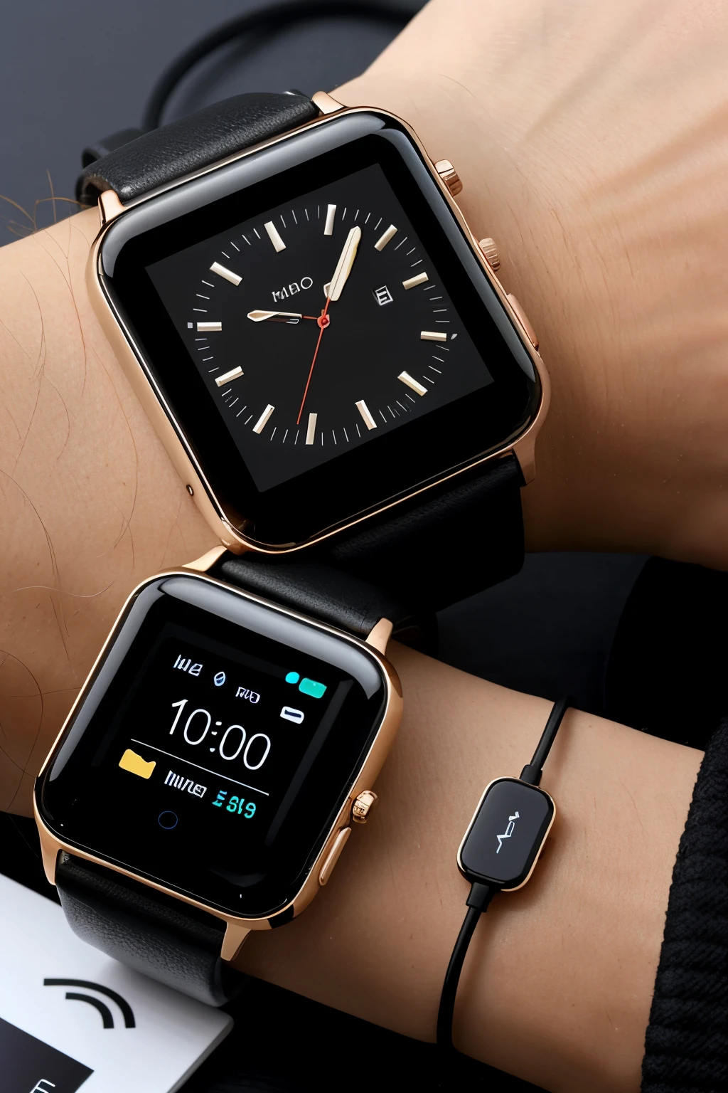 a radio bracelet watch, Innovative, that has a square black touch screen, wifi connection and USB connection, similar to a smart watch 


