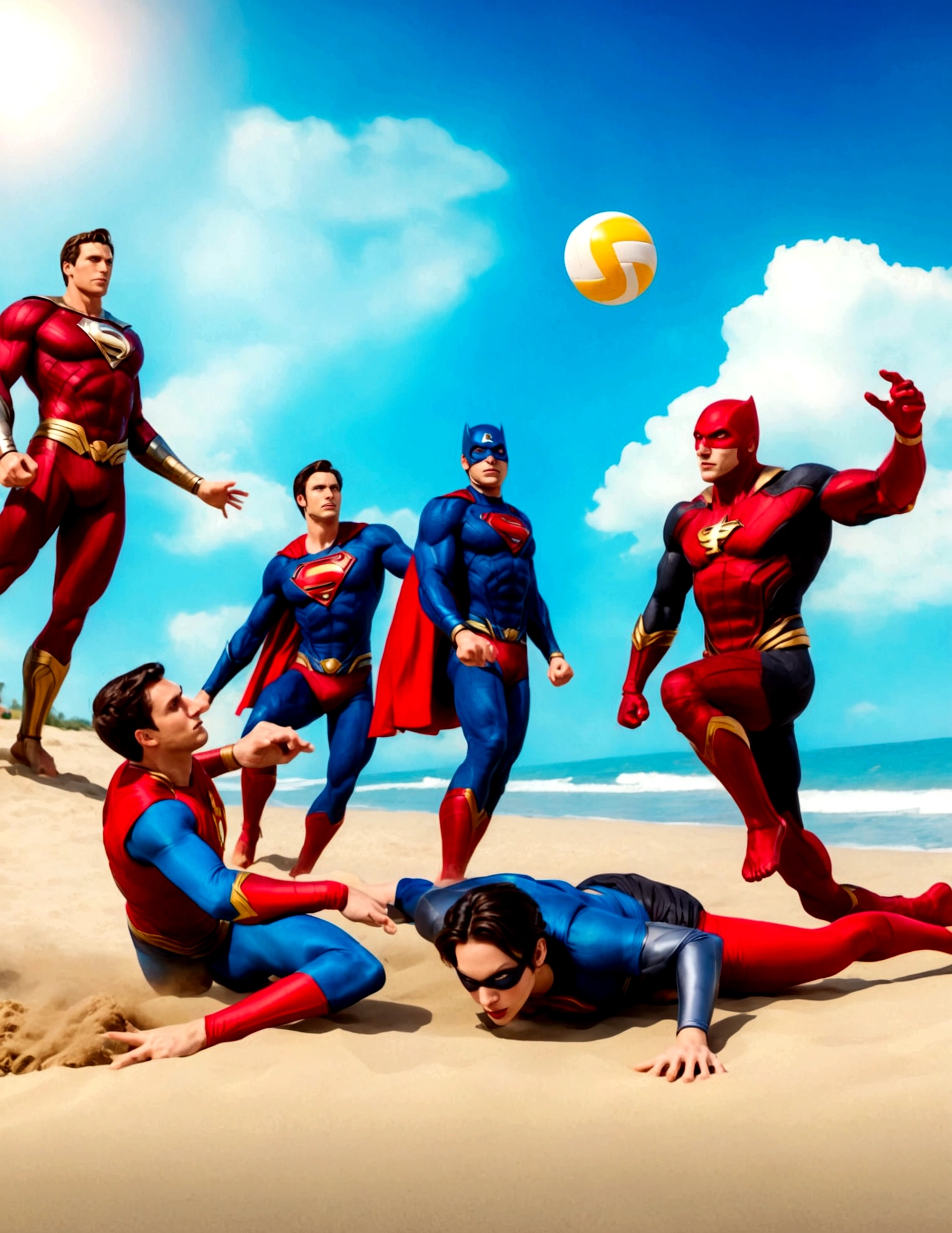 Superheroes are playing volleyball on the beach, DC's Justice League vs Marvel's Avengers, 5 players per team, relaxing super costumes
