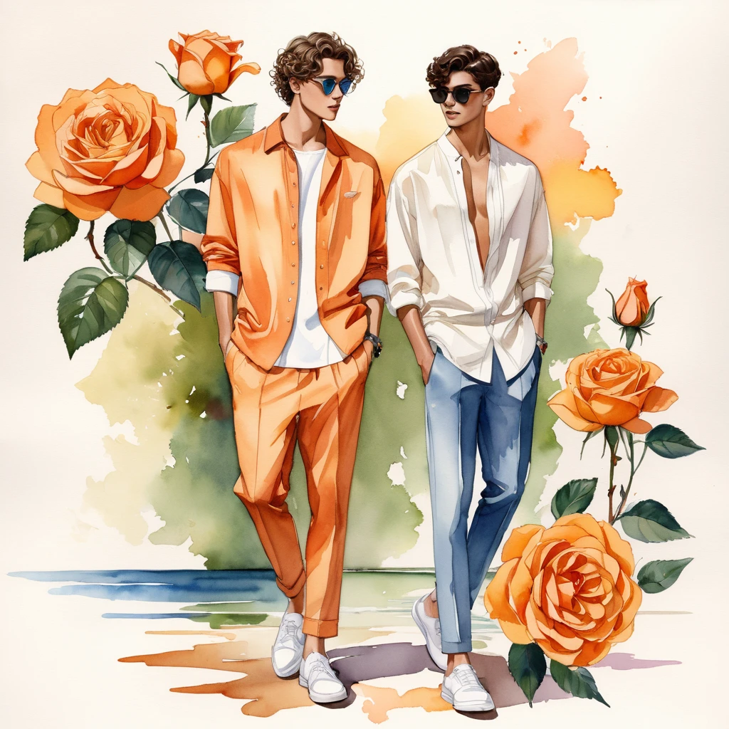 candid fashion illustration of young Mixed race 2man, both aged 18-23 year old, short curly hairstyle, ((showcase fashion look book in linen outfits)), the design inspired of The Lady of Shalott rose by David Austin, in elegant chic style. The man wears an oversized shirt with a minimal rose embroidery details, paired with relaxed-fit pants, He completes his look with white sneakers and round sunglasses. The boyfriend complements him in a  skinny fitted speedo in a stripe pattern, semi bulge, He resemble includes an accessorizes with sandal, Captured in a low angle, ((full-body image)), ((roses motifs background)), fashion sketching, realistic drawing, ((imperfect water color drawing background)), fashion look book, fashion illustrator, fashion sketch design, gay, gay couple,  Lady of Shalott rose , warm orange color. The blooms have a rich apricot-orange hue with golden-yellow undersides, creating a beautiful contrast, The flowers are medium to large, cup-shaped, 