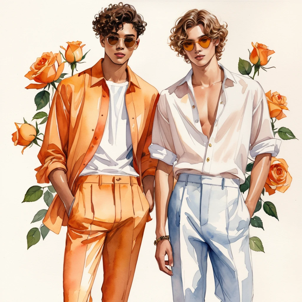 candid fashion illustration of young Mixed race 2man, both aged 18-23 year old, short curly hairstyle, ((showcase fashion look book in linen outfits)), the design inspired of The Lady of Shalott rose by David Austin, in elegant chic style. The man wears an oversized shirt with a minimal rose embroidery details, paired with relaxed-fit pants, He completes his look with white sneakers and round sunglasses. The boyfriend complements him in a skinny fitted speedo in a stripe pattern, semi bulge, He resemble includes an accessorizes with sandal, Captured in a low angle, ((full-body image)), ((roses motifs background)), fashion sketching, realistic drawing, ((imperfect water color drawing background)), fashion look book, fashion illustrator, fashion sketch design, gay, gay couple, Lady of Shalott rose , warm orange color. The blooms have a rich apricot-orange hue with golden-yellow undersides, creating a beautiful contrast, The flowers are medium to large, cup-shaped,
