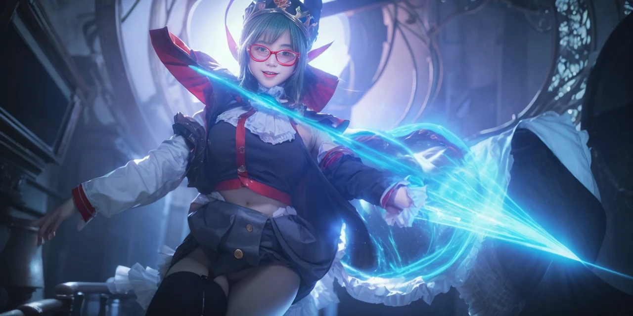 ((masterpiece, best quality)), aston machan (umamusume),, smile, large breasts, upper body, , long sleeves, white shirt, frills, green skirt, button, black thighhighs, suspender, , espectacled, red-framed eyewear, red hat crown, , crazy eyes, glowing eye, ,