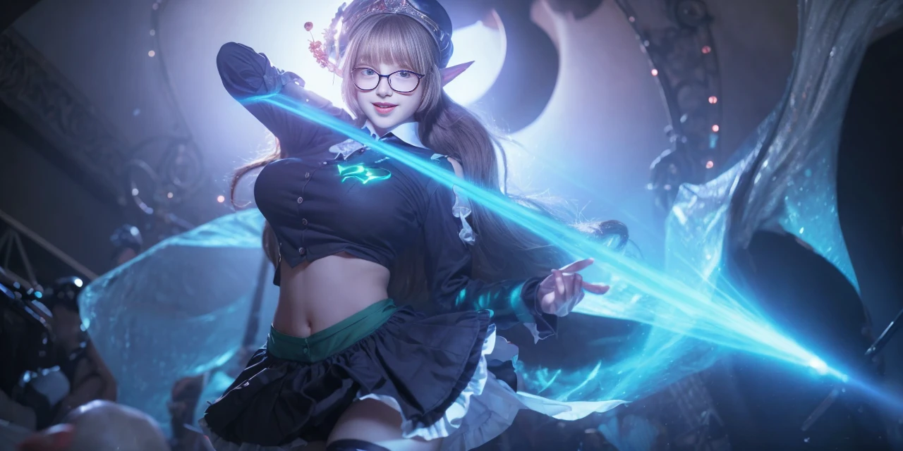 ((masterpiece, best quality)), aston machan (umamusume),, smile, large breasts, upper body, , long sleeves, white shirt, frills, green skirt, button, black thighhighs, suspender, , espectacled, red-framed eyewear, red hat crown, , crazy eyes, glowing eye, ,
