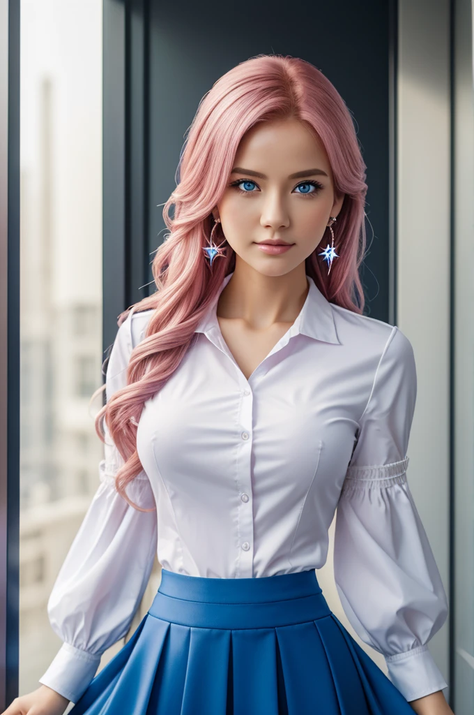masterpiece, (photorealistic:1.4), best quality, beautiful lighting, march 7th \(honkai: star rail\), 1girl, blue eyes, blue skirt, breasts, detached sleeves, earrings, ice, jewelry, long sleeves, medium breasts, medium hair, pink hair, shirt, skirt, solo, star \(symbol\), star earrings, white shirt, RAW photo, 8k uhd, film grain