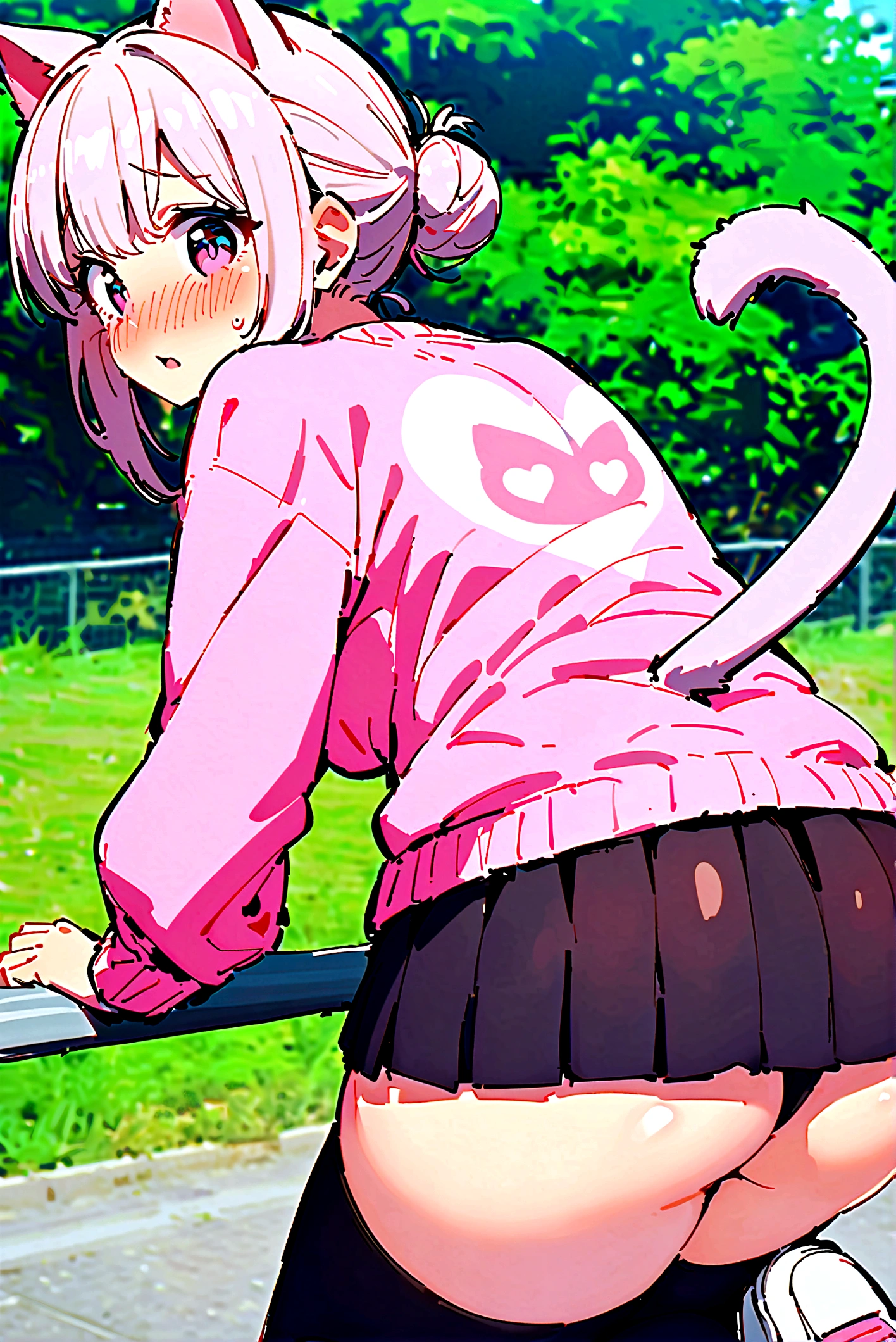 I have white pink hair, cat ears, a bun, my face is super blushing, black glasses, pink heart eyes, a big pink sweatshirt, a black skirt, black stockings, white shoes, a cat's tail, a girl. very shy I am on a fence with my back showing my butt