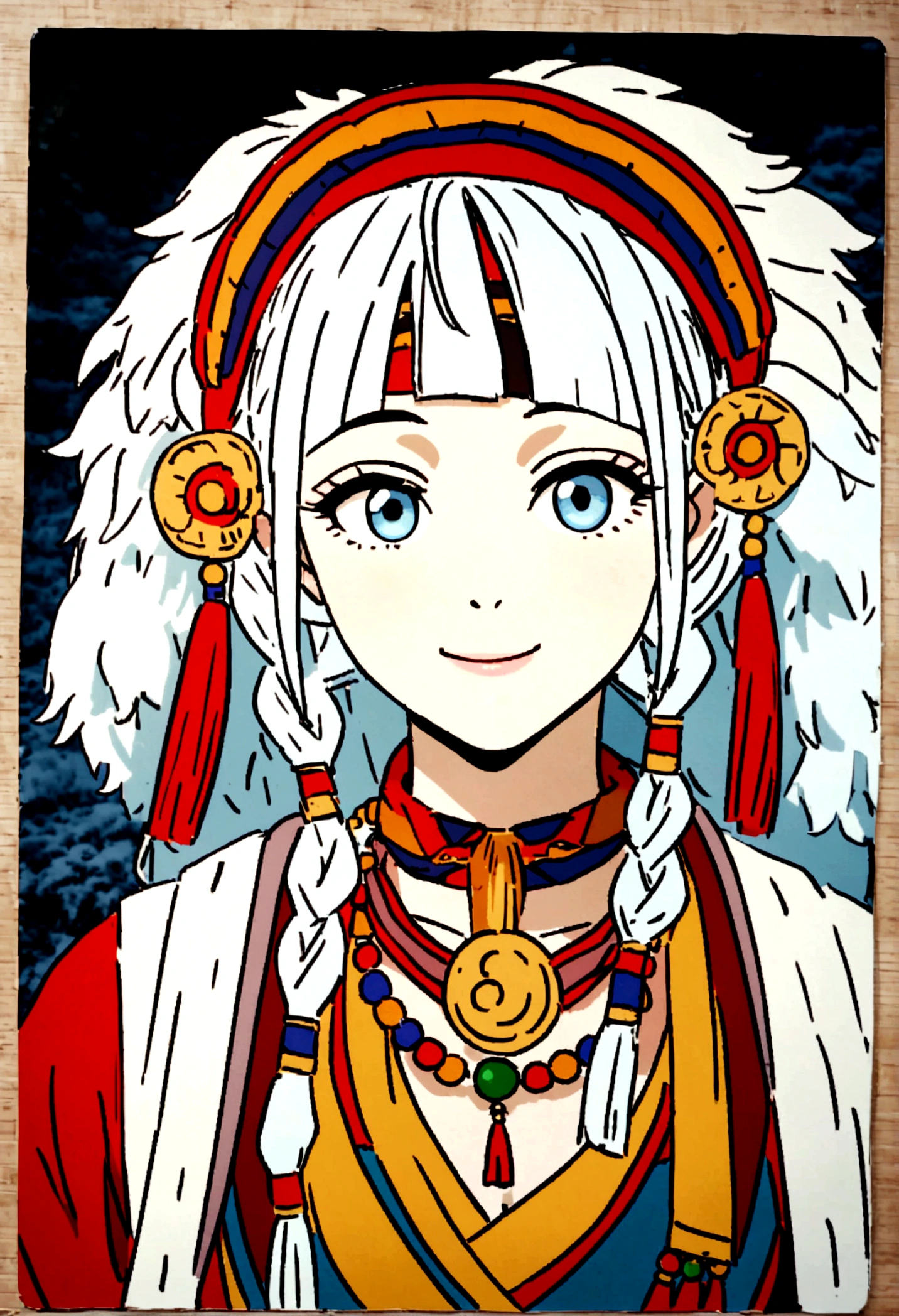 A girl, long braids, Tibetan girl, close-up on front, slightly raised head, smile, front photo, upper body, bust photo, Tibetan costume, colorful clothing, navy blue Tibetan costume, collar with fluff, fluff collar, high-end Tibetan clothing, cumbersome Tibetan clothing design, cold clothing, winter clothing, appearance Yang transcendence, round face shape, gorgeous Tibetan clothing, cumbersome Tibetan necklace, cumbersome Tibetan headdress, colorful headband, real person CG, sweet style, film style, HD 4K, photography effect, studio effect, White glow, mythical wind, snowfield background, character core, picture ratio 16:9, mask fresh.