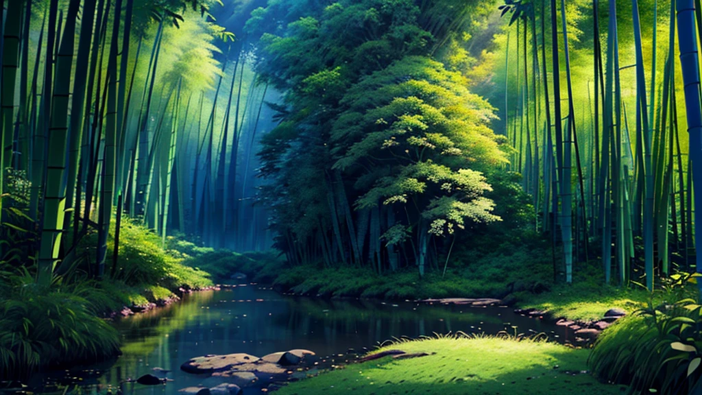 (best quality,4K,8K,highres,master part:1.2),ultra detali,(Realistic,photorrealistic,photo-realistic:1.37),bamboo forest,Moonlight through the bamboo forest,Round Moon,Dancing fireflies,Scattered white lanterns,anime background art,Anime Beautiful Peaceful Scene,beautiful anime scenery,Lush Anime John 8K Bamboo Forest,Mysterious Forest Lake,anime nature,bamboo forest e Rio,Riverside in bamboo forest,Anime Scenery Wallpaper,serene lush bamboo forest,anime background,anime natureza wallpaper,suave ondulação Bamboo Creek