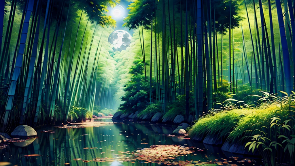 (best quality,4K,8K,highres,master part:1.2),ultra detali,(Realistic,photorrealistic,photo-realistic:1.37),bamboo forest,Moonlight through the bamboo forest,Round Moon,Dancing fireflies,Scattered white lanterns,anime background art,Anime Beautiful Peaceful Scene,beautiful anime scenery,Lush Anime John 8K Bamboo Forest,Mysterious Forest Lake,anime nature,bamboo forest e Rio,Riverside in bamboo forest,Anime Scenery Wallpaper,serene lush bamboo forest,anime background,anime natureza wallpaper,suave ondulação Bamboo Creek