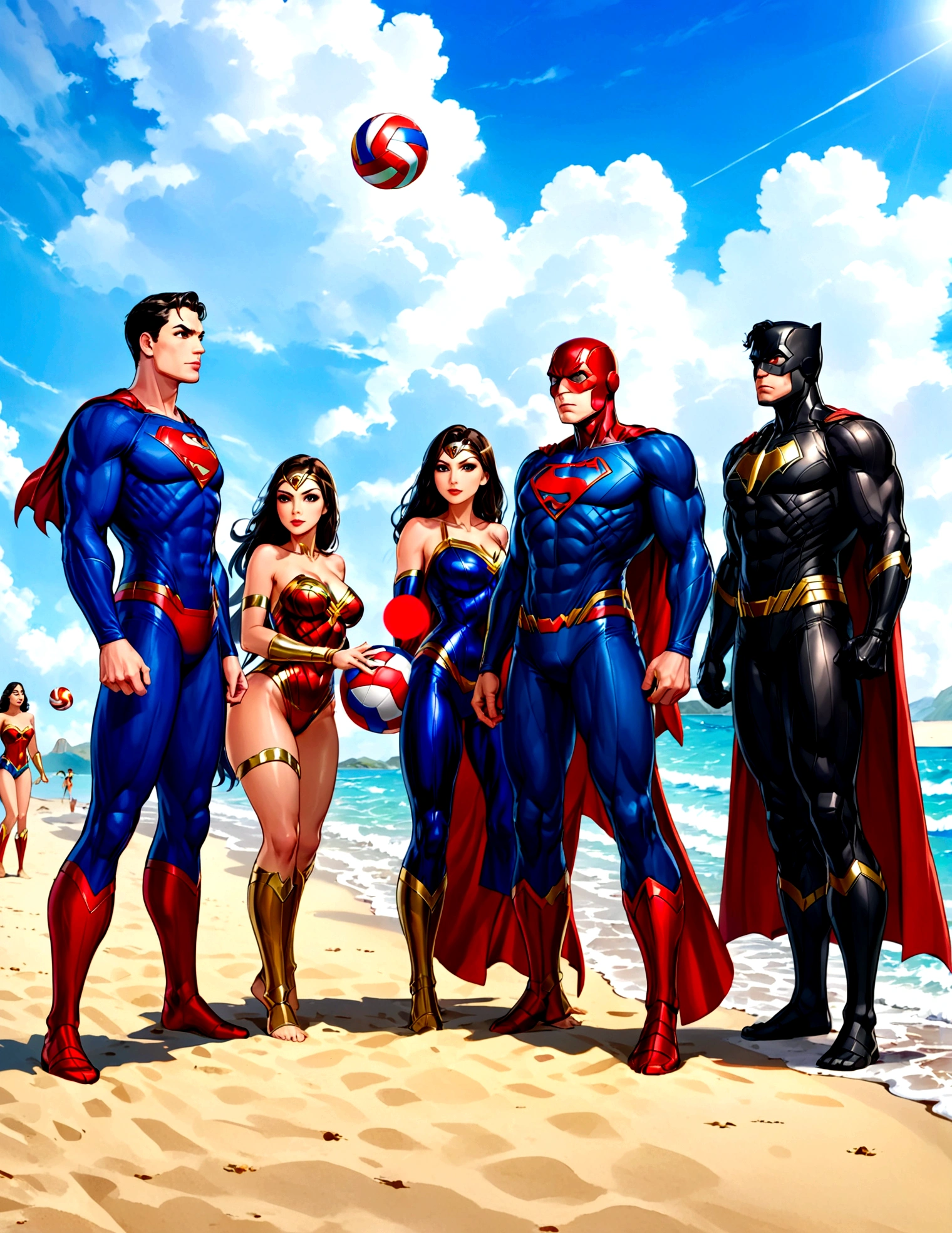 Superheroes are playing volleyball on the beach, DC's Justice League vs Marvel's Avengers, 5 players per team, relaxing super costumes