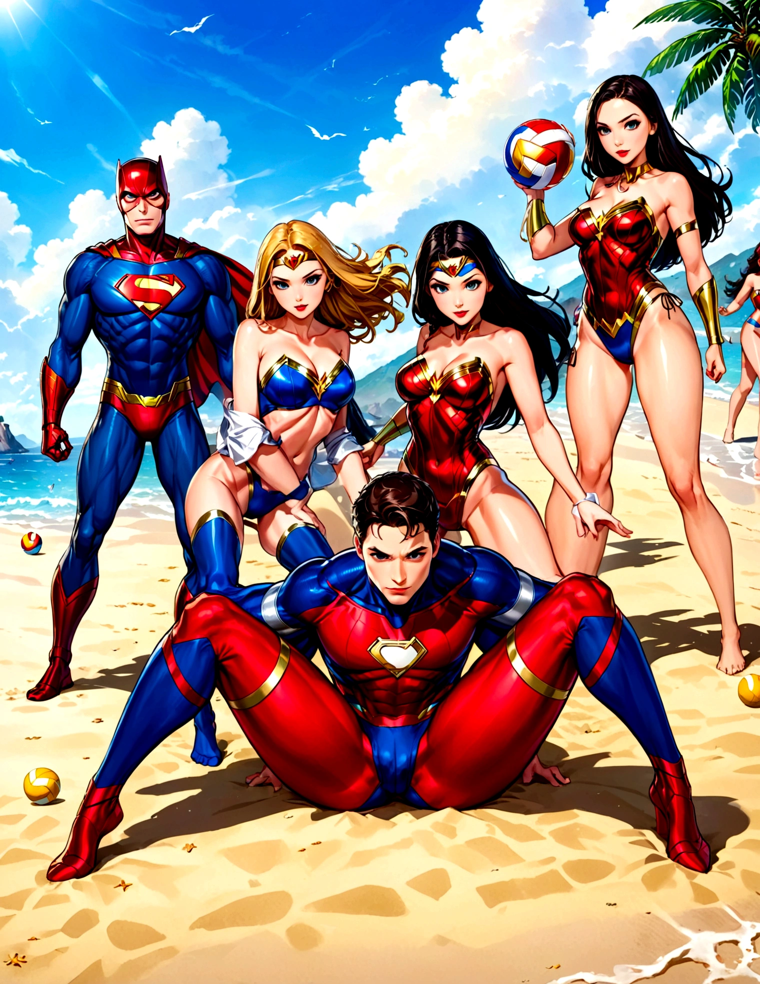 Superheroes are playing volleyball on the beach, DC's Justice League vs Marvel's Avengers, 5 players per team, relaxing super costumes