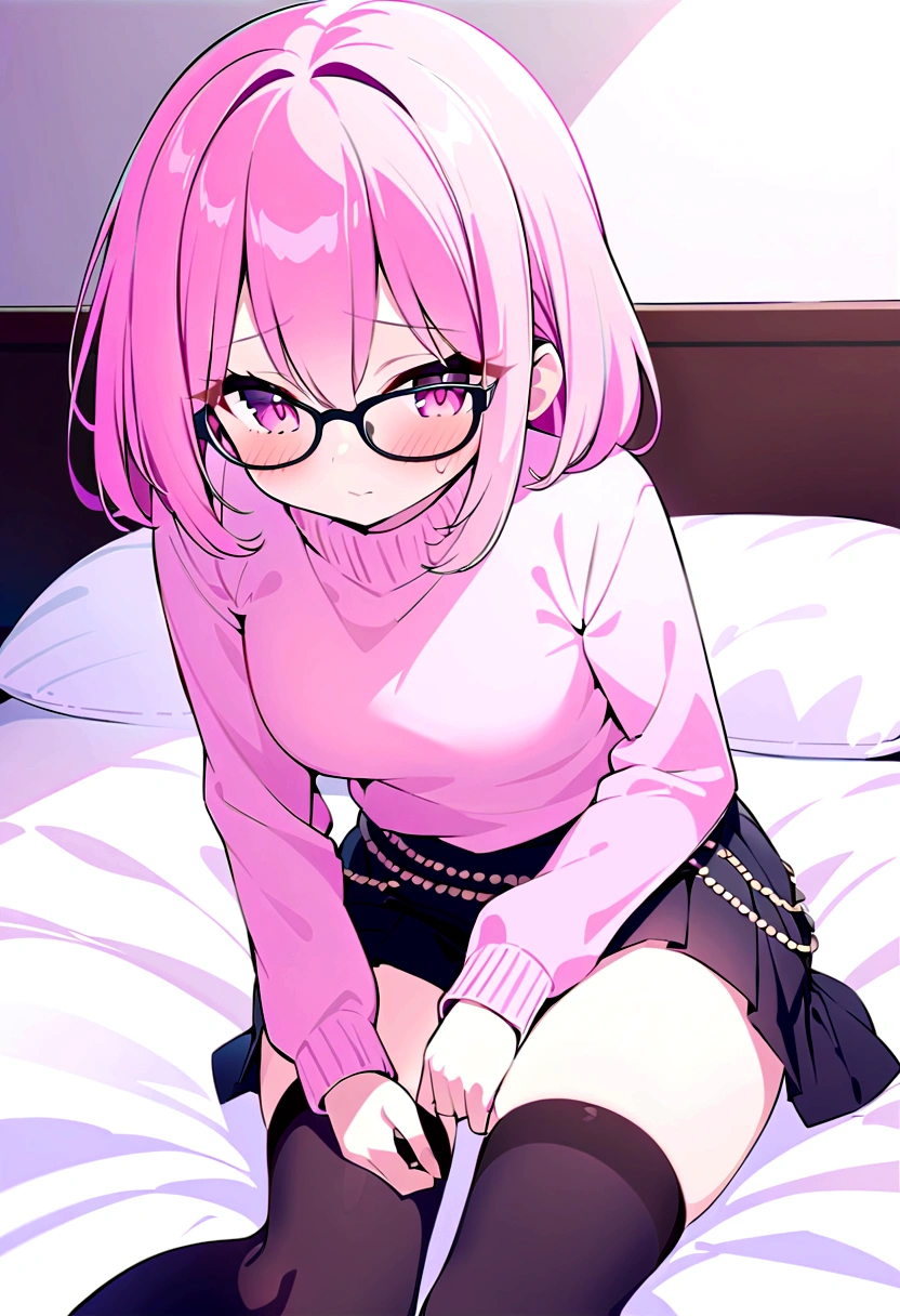 pink hair black glasses pink eyes extremely blushing a large pink sweater short black skirt at the waist chains black stockings that she is a reserved girl her bed that she is on her knees touching her butt