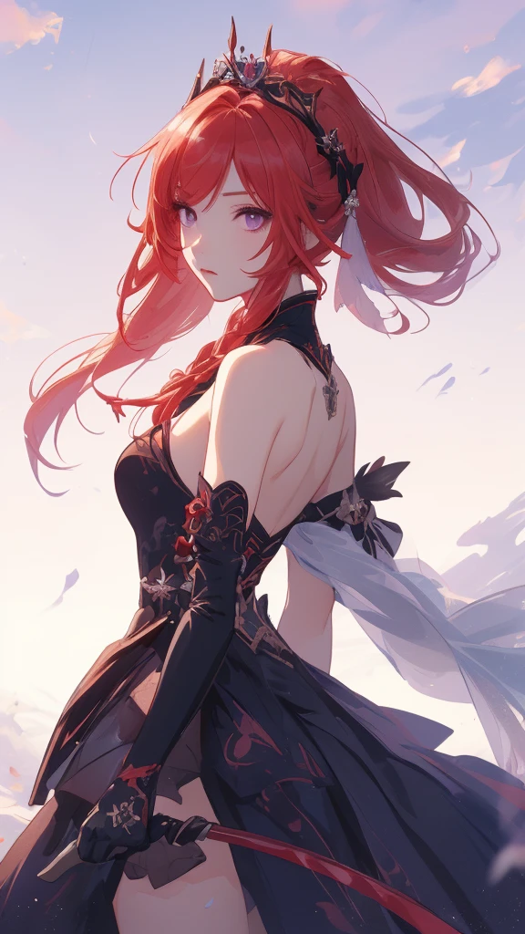 (masterpiece, best quality, highres), (1girl, mature female, red hair, long hair, blue eyes, black dress, medium breasts), (looking at viewer, from side, blush, sideboob, floating), (light particles, petals, floating object, abstract, abstract background),