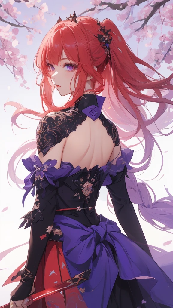 a close-up of a person with red hair and a sword, impacto de ayaka genshin, jogo ayaka impacto Genshin, keqing do impacto genshin, zhongli do impacto genshin, also, anime moe art style, genshin, cute anime waifu in a beautiful dress, female protagonist 👀 :8, demon slayer rui fanart, purple eye iris, ( black leagwear), disdainful expression, looking from bottom to top, view from the bottom, small red piercing below the eyes, a black braided tiara, forest in the background