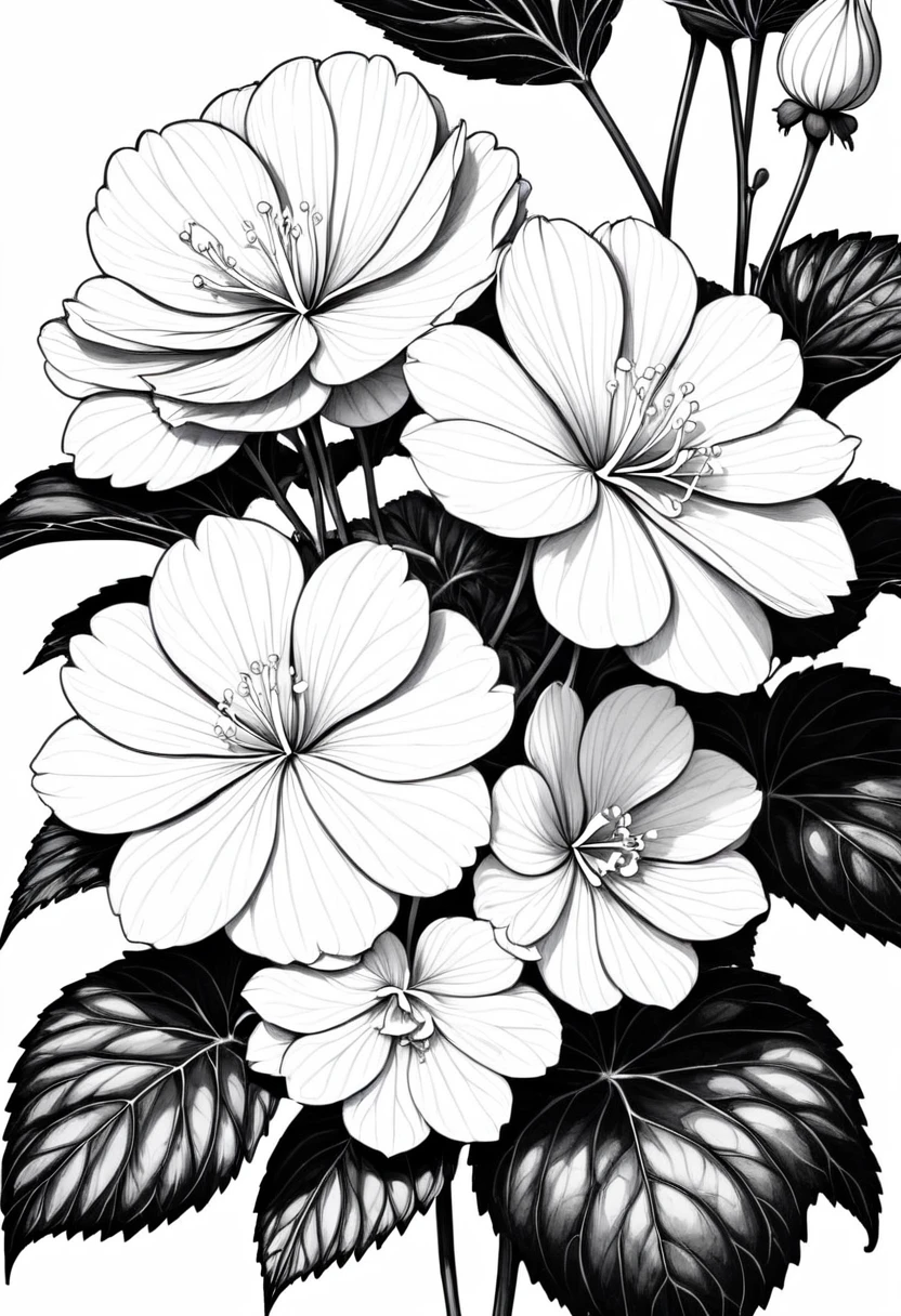 thin line drawing without shading and without black areas, begonia drawing, On white background, monochrome, black andwhite, no shadows, white background, clear leaves