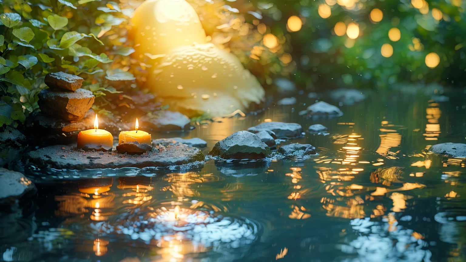 A candle is lit on a rock in a pond, Peaceful atmosphere, Zen Nature Background, Relaxed atmosphere, Quiet landscape, Relaxing environment, Quiet environment, Peaceful environment, Calm evening atmosphere, Peaceful and serene, Serene landscape, Peaceful atmosphere, Floating Candles, Quiet and peaceful atmosphere, relaxed mood, Tranquility, Magical Scene, Peaceful landscape, Peaceful mood, very Peaceful mood