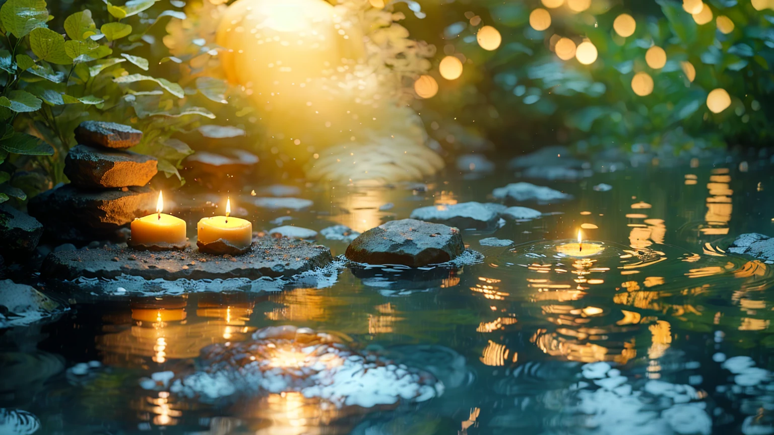 A candle is lit on a rock in a pond, Peaceful atmosphere, Zen Nature Background, Relaxed atmosphere, Quiet landscape, Relaxing environment, Quiet environment, Peaceful environment, Calm evening atmosphere, Peaceful and serene, Serene landscape, Peaceful atmosphere, Floating Candles, Quiet and peaceful atmosphere, relaxed mood, Tranquility, Magical Scene, Peaceful landscape, Peaceful mood, very Peaceful mood