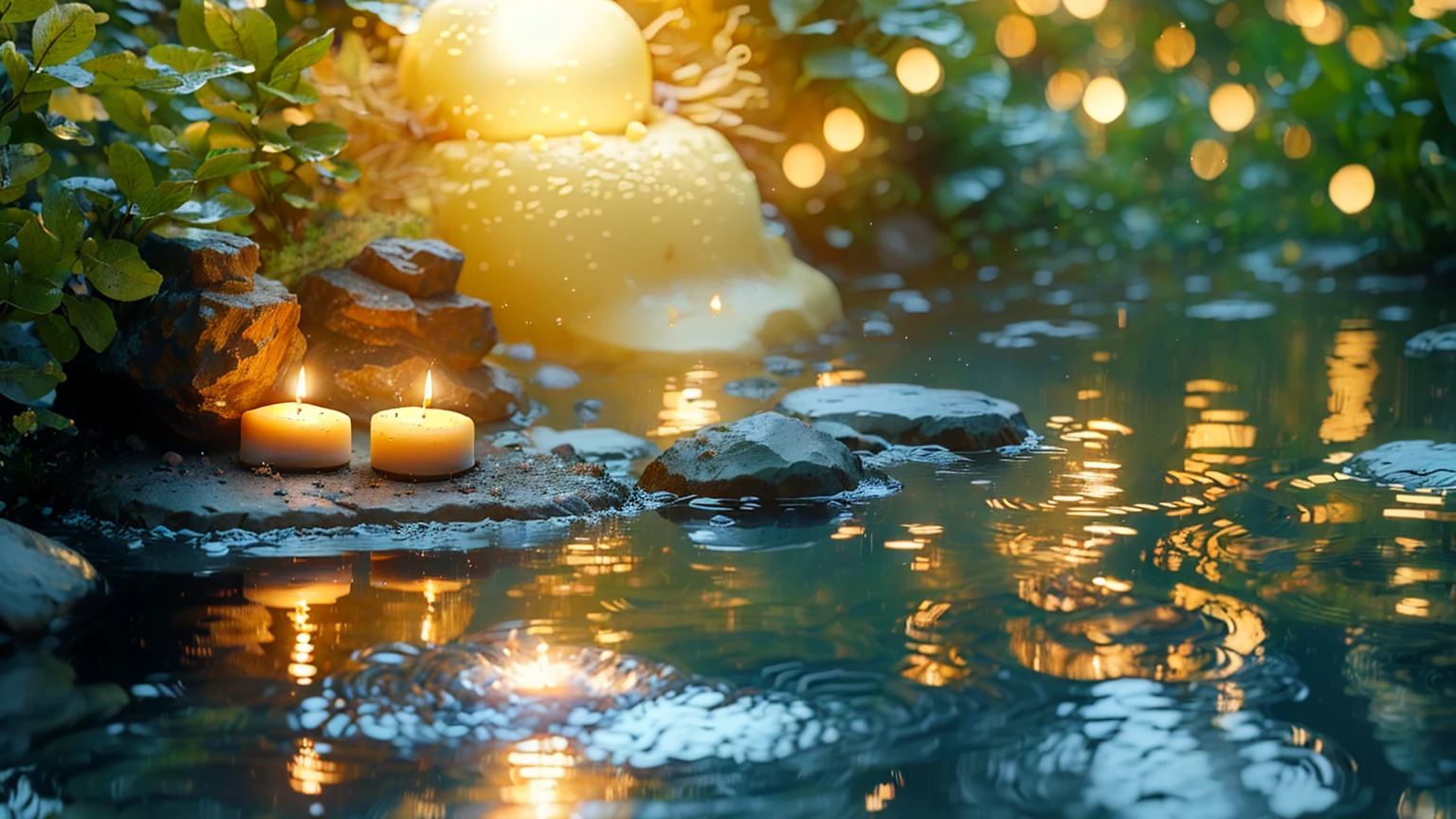 A candle is lit on a rock in a pond, Peaceful atmosphere, Zen Nature Background, Relaxed atmosphere, Quiet landscape, Relaxing environment, Quiet environment, Peaceful environment, Calm evening atmosphere, Peaceful and serene, Serene landscape, Peaceful atmosphere, Floating Candles, Quiet and peaceful atmosphere, relaxed mood, Tranquility, Magical Scene, Peaceful landscape, Peaceful mood, very Peaceful mood