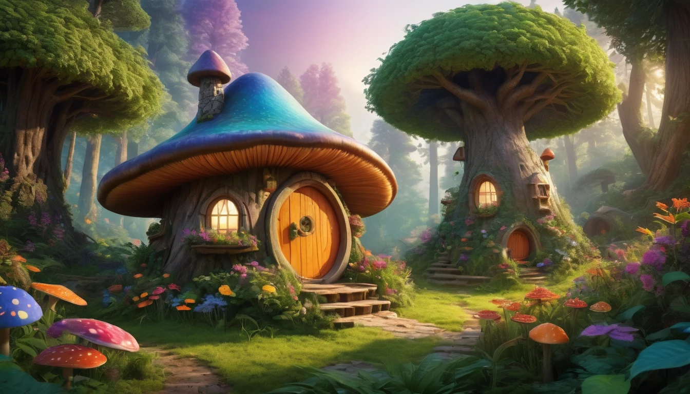 (Mysterious fantasy forest, dense trees, a cute and strange little tree:1.5), A hobbit cabin vividly depicted (best quality, 8K, advanced resolution, masterpiece:1.2) with ultra-detailed realism (1.4x realism, photorealistic: 1.37). This fantasy forest, surrounded by lush greenery and colorful flowers, is bathed in warm sunlight, creating a cheerful and whimsical atmosphere. The cabin, resembling a mushroom-shaped house, features intricate design and unique architecture. The artwork showcases an illustrative style inspired by children's book illustrations, with a vibrant rainbow color palette evoking joy and playfulness. Soft, warm lighting adds depth and warmth, making every detail impeccably presented. This visually stunning masterpiece captures the essence of a magical fantasy forest deep in the heart of a dense woodland.