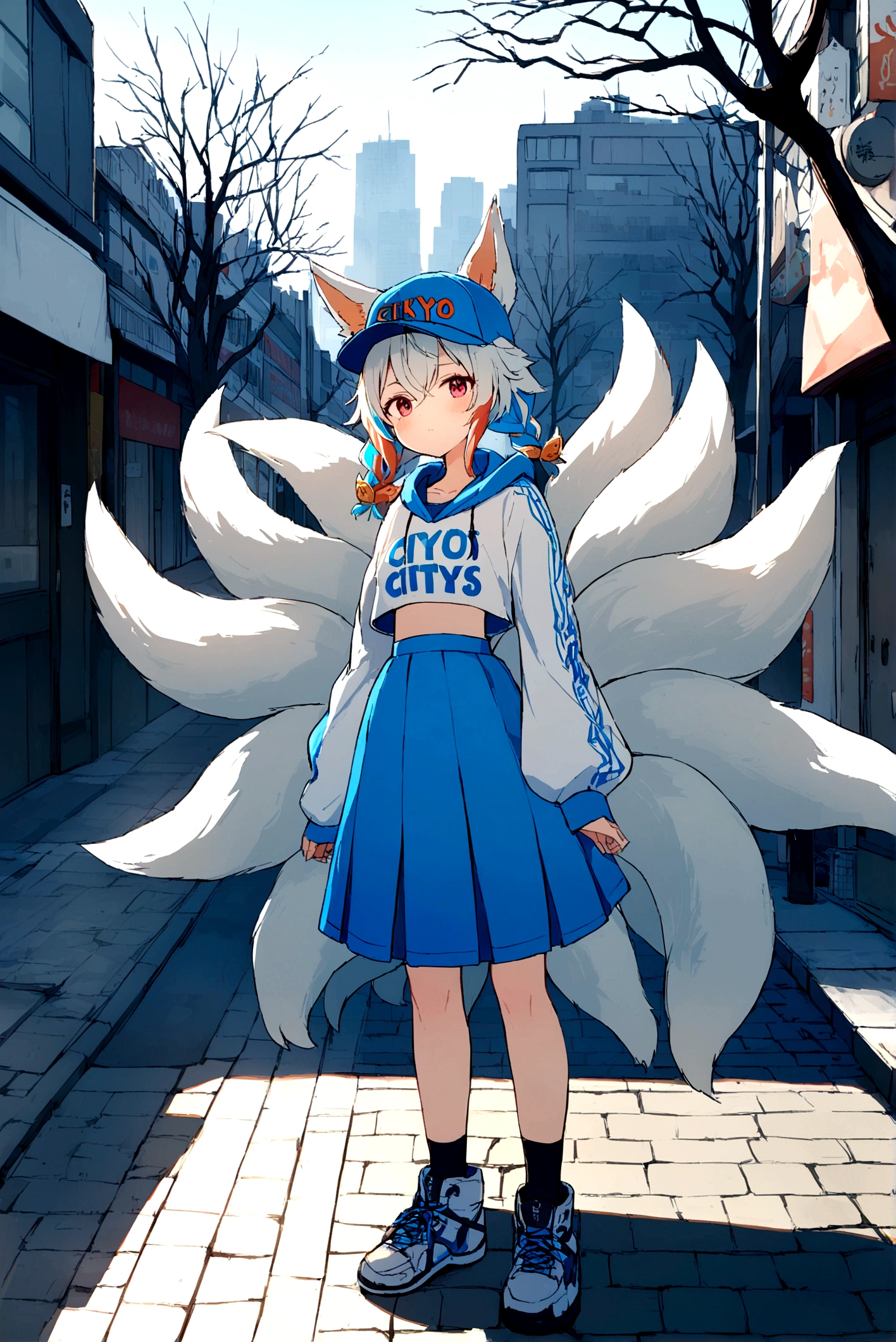 1 girl, Adolescence, (animal ears), ever forward, whole body, gazing at viewer, hair between the eyes, hair ornament, multicolored hair, twin braids, fox tail, (multiple tails:1.3), distinctive, bangss, (blue baseball cap:1.2), clothes writing, white  clothes, hooded cloak, hooded cloak down, standing, long sleeves, cloused mouth, (blue skirt:1.05), standing alone, (light blush:0.9), bare Tree, building, citys, citysscape, giorno, plein-air,  sTreet, Tokyo (citys), Tree