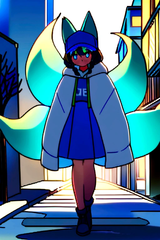 1 girl, Adolescence, (animal ears), ever forward, whole body, gazing at viewer, hair between the eyes, hair ornament, multicolored hair, twin braids, fox tail, (multiple tails:1.3), distinctive, bangss, (blue baseball cap:1.2), clothes writing, white  clothes, hooded cloak, hooded cloak down, standing, long sleeves, cloused mouth, (blue skirt:1.05), standing alone, (light blush:0.9), bare Tree, building, citys, citysscape, giorno, plein-air,  sTreet, Tokyo (citys), Tree