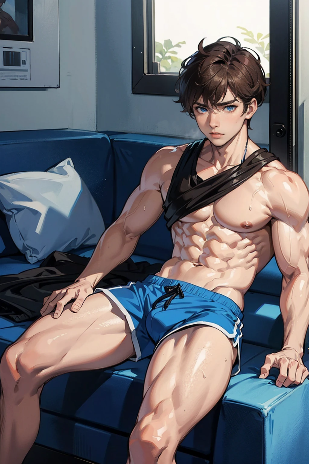 Brown hair boy, Blue eyes, muscular, hot and sexy sweaty body, shirtless, wearing blue shorts, sitting with a boner underneath