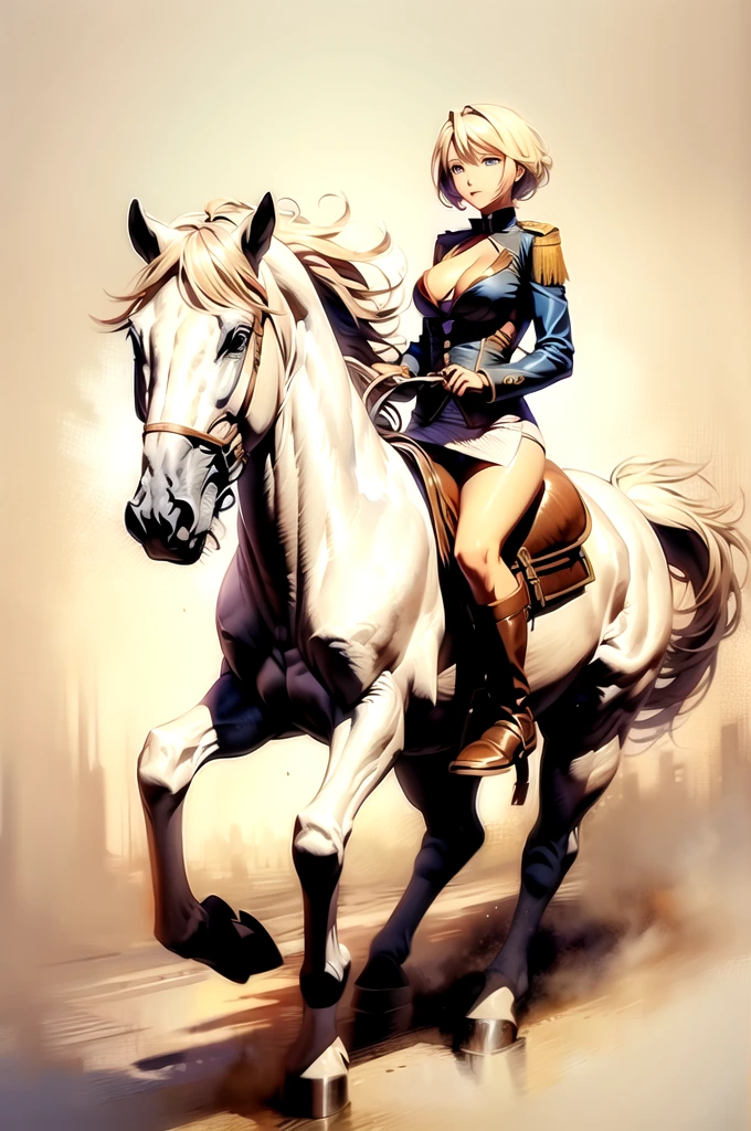 ((best quality)), ((anime masterpiece)), (high detailed), 8k, cinematic lighting, perfect face, large breast, cleavage, blue eyes, 1girl riding a WHITE HORSE, short hair, pixie cut, {blonde hair}, (sexy uniform, miniskirt, bare legs, black boots), [white horse, saddle, reins, bridle, stirups], solo, FULL BODY, both hand holding rein, (from side: 1.2), anatomically correct
