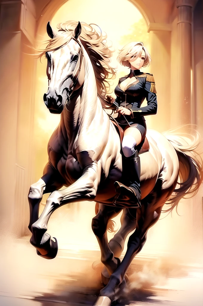 ((best quality)), ((anime masterpiece)), (high detailed), 8k, cinematic lighting, perfect face, large breast, cleavage, blue eyes, 1girl riding a WHITE HORSE, short hair, pixie cut, {blonde hair}, (sexy uniform, miniskirt, bare legs, black boots), [white horse, saddle, reins, bridle, stirups], solo, FULL BODY, both hand holding rein, (from side: 1.2), anatomically correct
