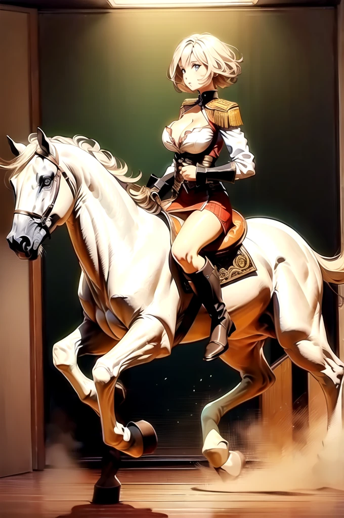 ((best quality)), ((anime masterpiece)), (high detailed), 8k, cinematic lighting, perfect face, large breast, cleavage, blue eyes, 1girl riding a WHITE HORSE, short hair, pixie cut, {blonde hair}, (sexy uniform, miniskirt, bare legs, black boots), [white horse, saddle, reins, bridle, stirups], solo, FULL BODY, both hand holding rein, (from side: 1.2), anatomically correct
