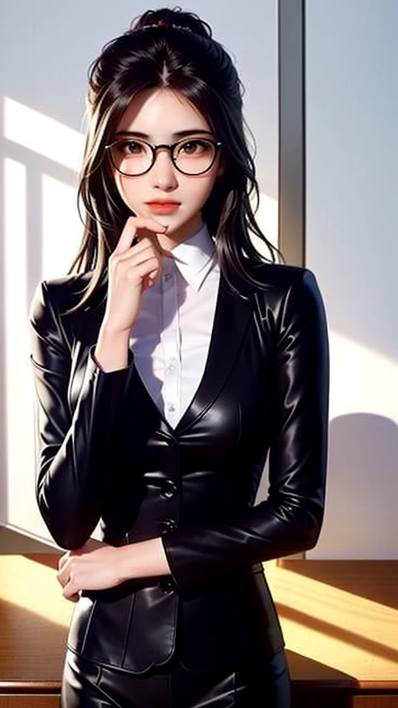 (character details+styles）Female Teacher，（detaileds）A half body，Handheld Eyeglass Frame，（Lens effects+illumination+The scene）Light and shadow interlace，by the window，the sun is warm，bookshelves are dazzling，Student desks are littered with educational stationery and textbooks，Fresh air in the classroom,Black erotic underwear，Colossal ，Real Human