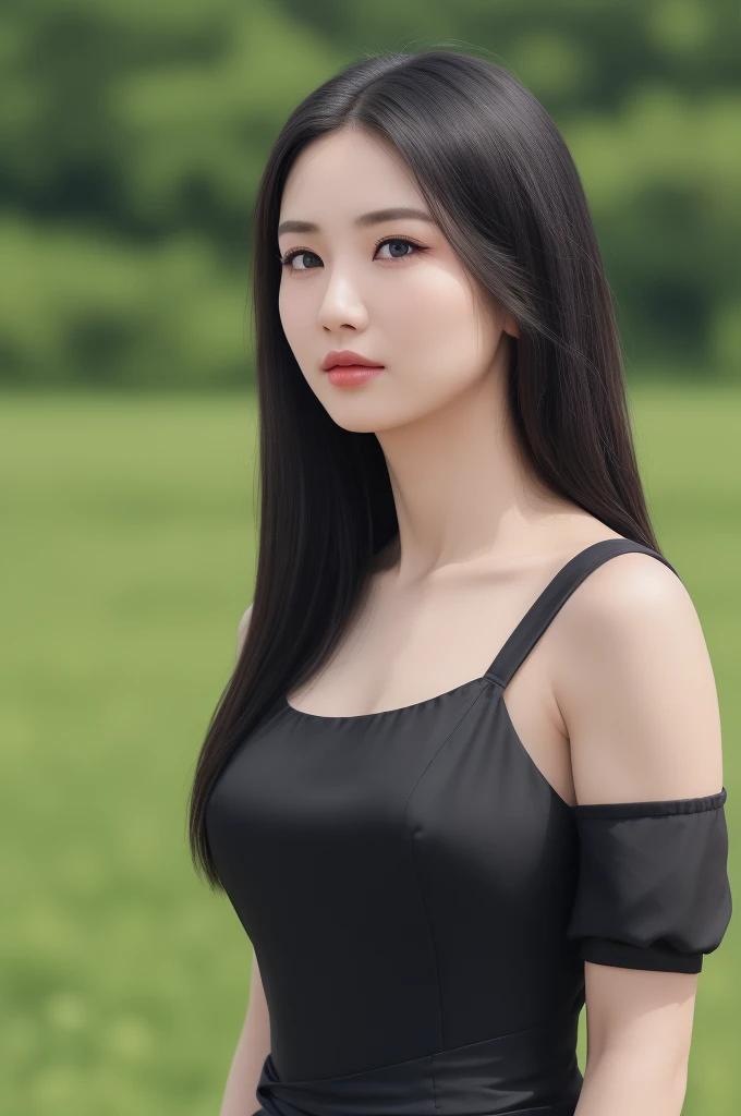 keb1, a woman, (realistic), (hyperrealism), (photorealistic), depth of field, eye makeup:0.8, (upper body:1.2), (narrow waist), looking at the viewer, black dress, at the field,